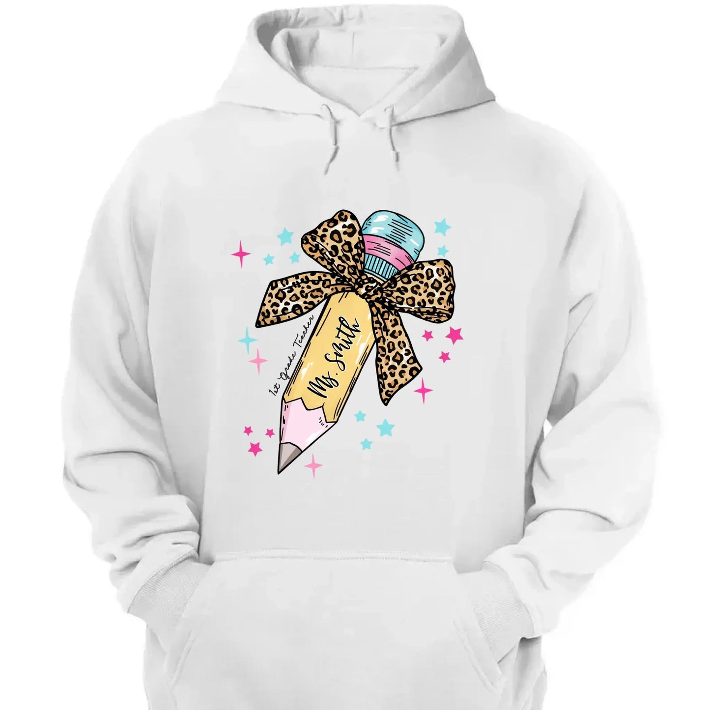 Leopard Print Bow Pencil – Personalized Custom T-Shirt – Funny Back to School Gift for Teacher, Pre-K, Kindergarten, Preschool, Paraprofessional Ezcustomize