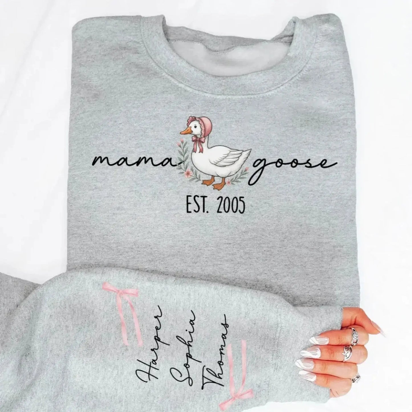 Mama Goose Est. Sweatshirt – Personalized Sleeve Printed Pullover – Custom Gift for Mom or Grandma Ezcustomize