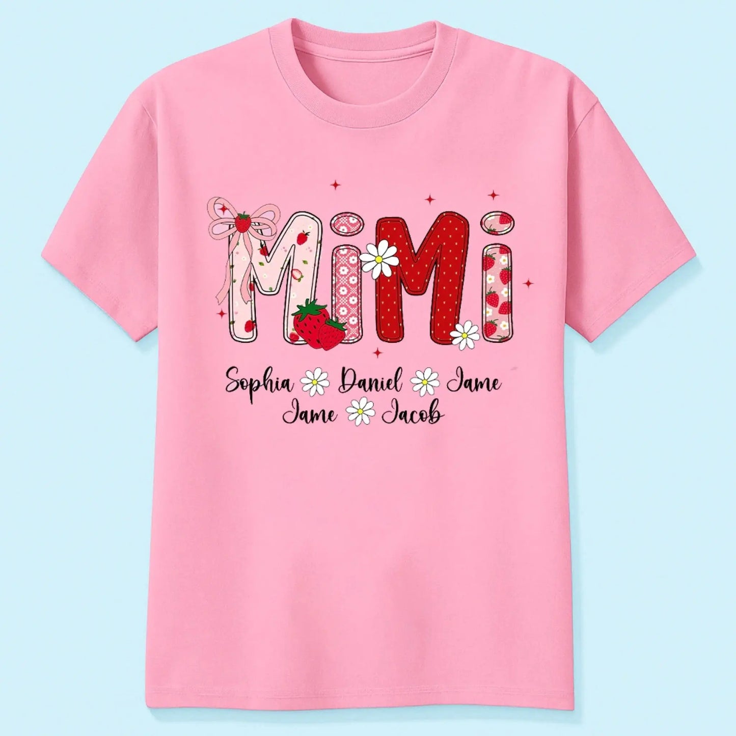 Mimi Strawberry Shirt with Grandkids’ Names – Custom Summer T-Shirt for Grandma, Personalized Gift for Nana, Gigi, Mom Ezcustomize