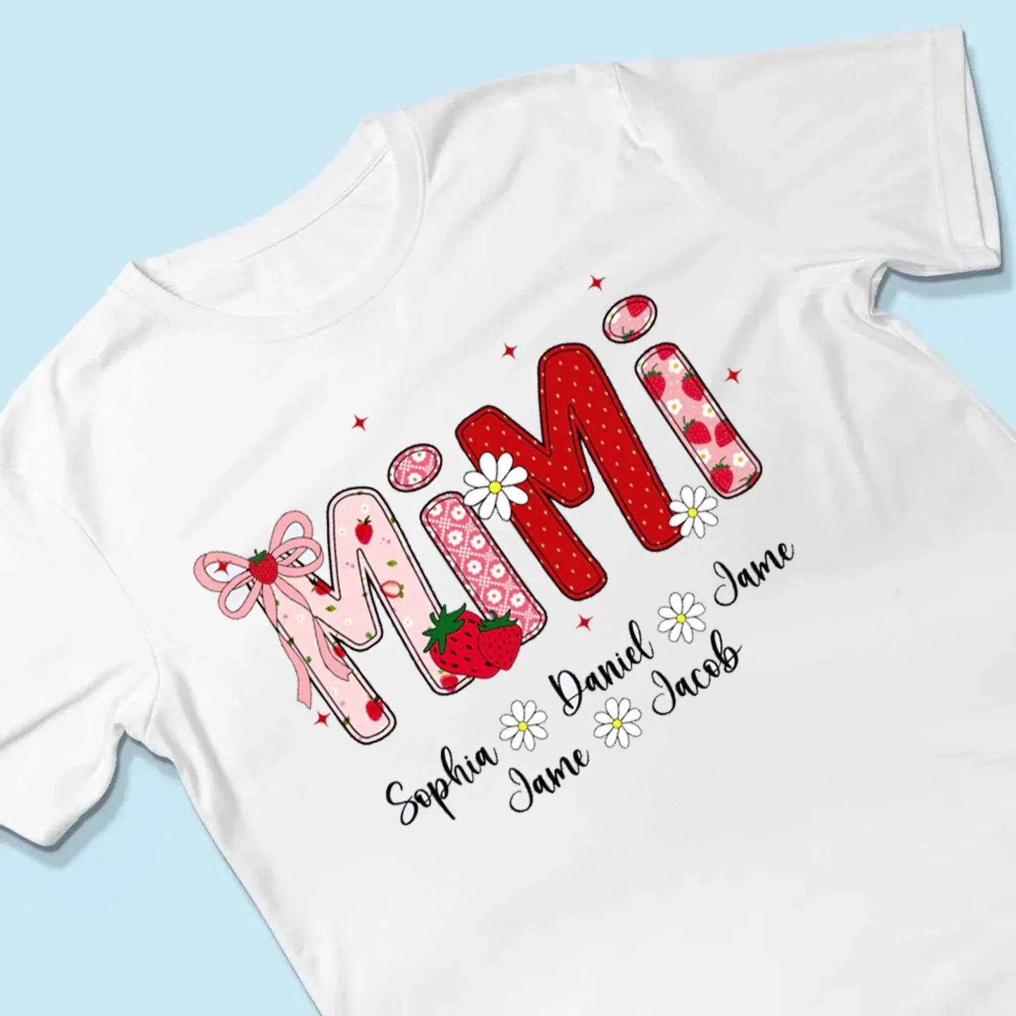 Mimi Strawberry Shirt with Grandkids’ Names – Custom Summer T-Shirt for Grandma, Personalized Gift for Nana, Gigi, Mom Ezcustomize