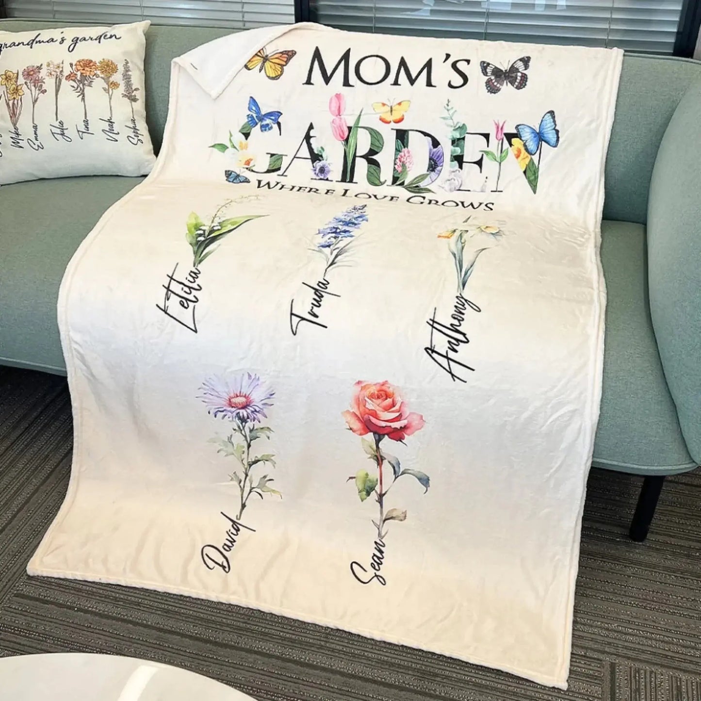 Mom's Garden – Where Love Grows Personalized Blanket with Butterflies, Custom Gift for Mom & Grandma Ezcustomize