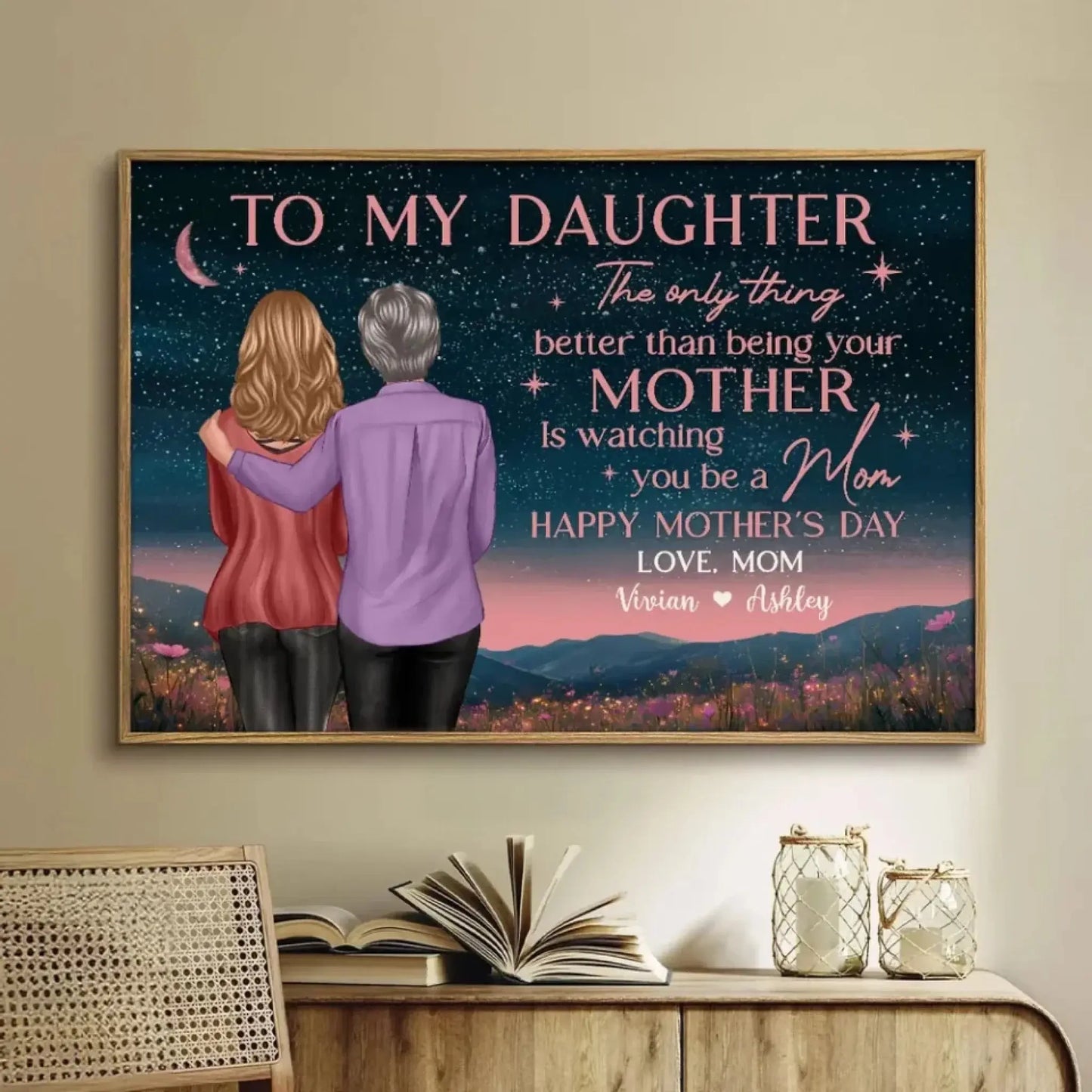Mother & Daughter on Night Hill Art – Personalized Poster/Canvas – Mother’s Day Gift Celebrating Watching You Be a Mom Ezcustomize