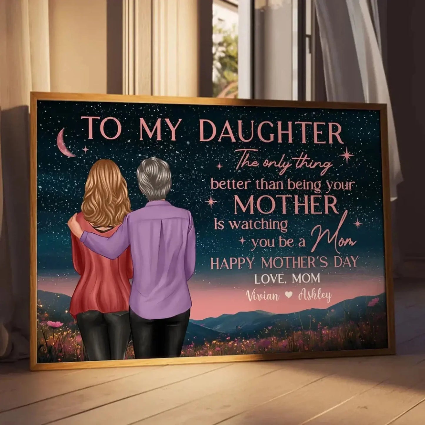 Mother & Daughter on Night Hill Art – Personalized Poster/Canvas – Mother’s Day Gift Celebrating Watching You Be a Mom Ezcustomize