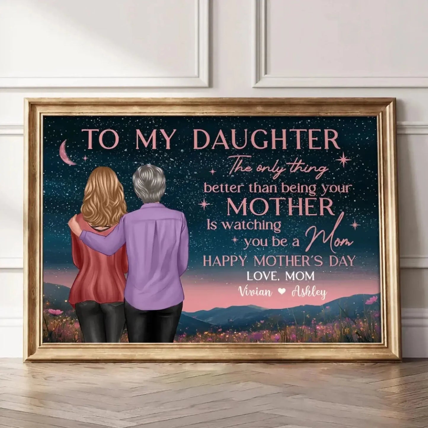 Mother & Daughter on Night Hill Art – Personalized Poster/Canvas – Mother’s Day Gift Celebrating Watching You Be a Mom Ezcustomize