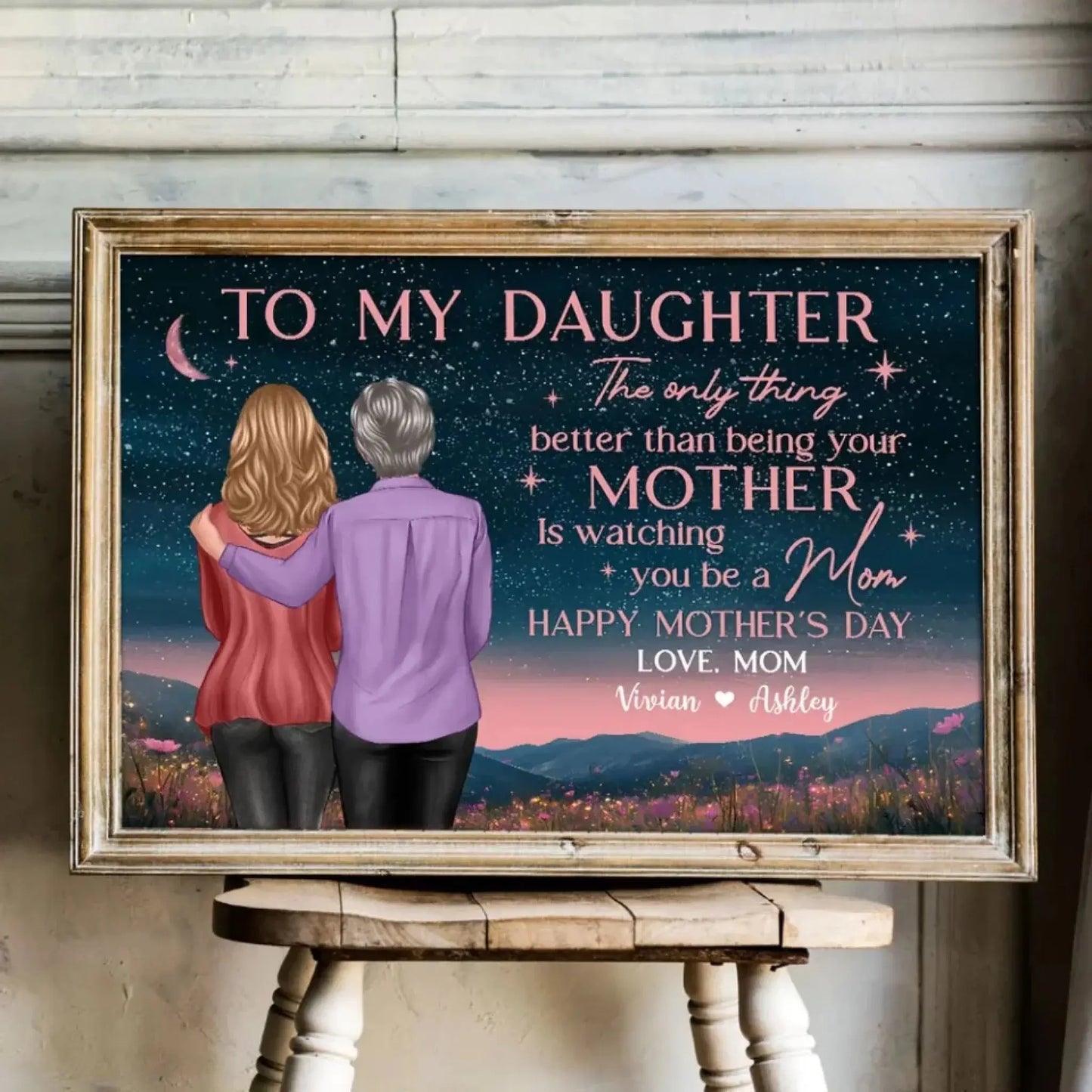 Mother & Daughter on Night Hill Art – Personalized Poster/Canvas – Mother’s Day Gift Celebrating Watching You Be a Mom Ezcustomize