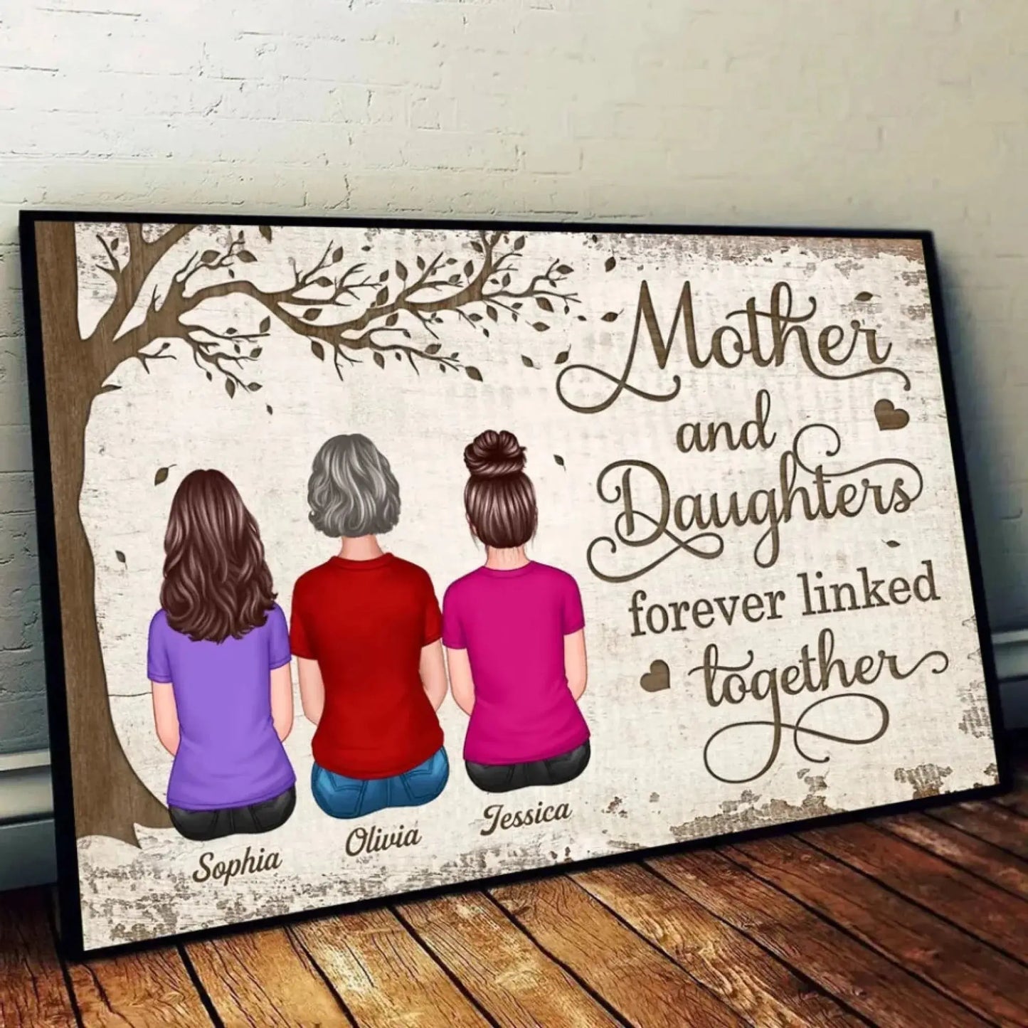 Mother & Daughters Forever Linked – Personalized Name Poster/Canvas – Heartfelt Mother’s Day Gift Celebrating Unbreakable Bond Ezcustomize