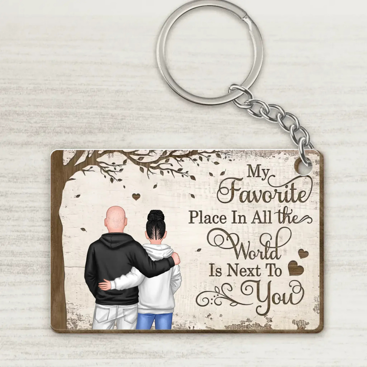 My Favorite Place In All The World Is Next To You, Couple Standing Together Personalized Wooden Keychain, Gift for him, Gift for her Ezcustomize