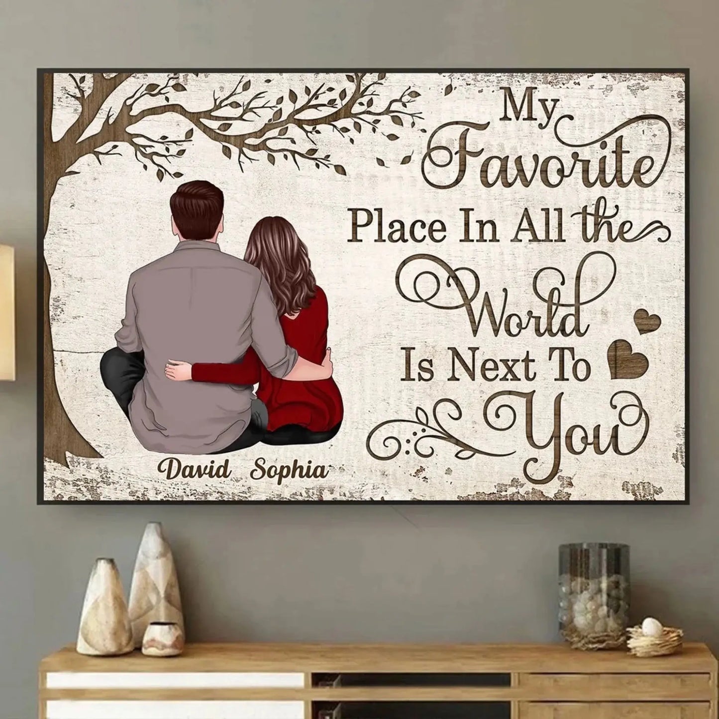 My Favorite Place Is Next To You – Personalized Couple Canvas Wall Art with Custom Names & Back View Illustration Ezcustomize