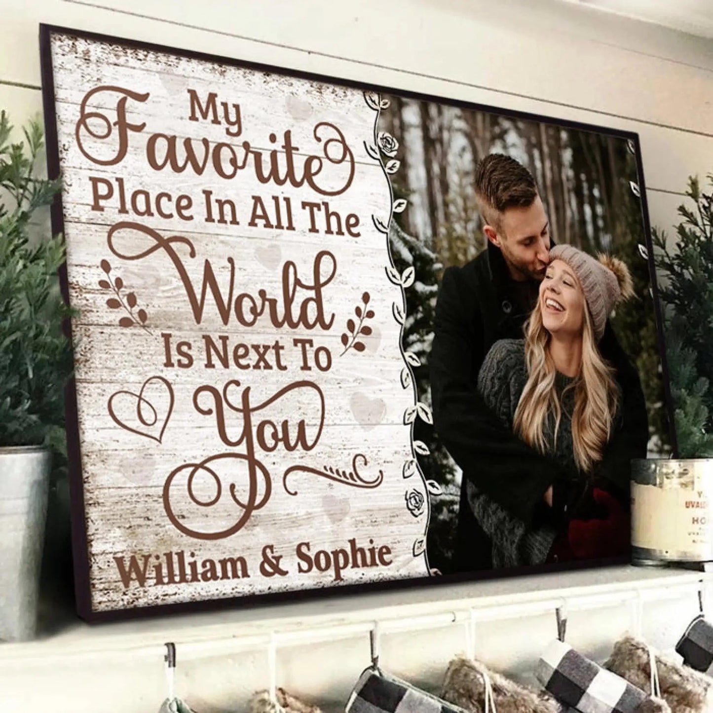 My Favorite Place Is Next To You – Personalized Photo Poster/Canvas with Names – Rustic Couple Wall Art Gift for Anniversary or Wedding Ezcustomize