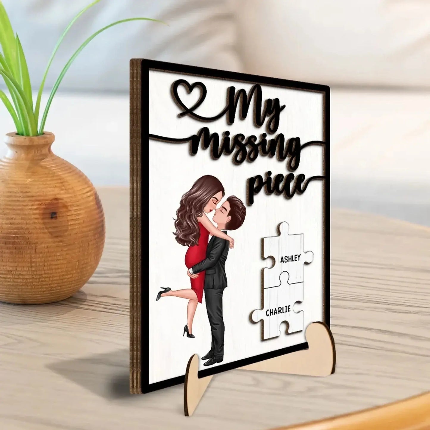My Missing Piece Hugging Couple – Personalized 2-Layer Wooden Plaque – Romantic Anniversary Gift for Couples, Dad & Mom Ezcustomize