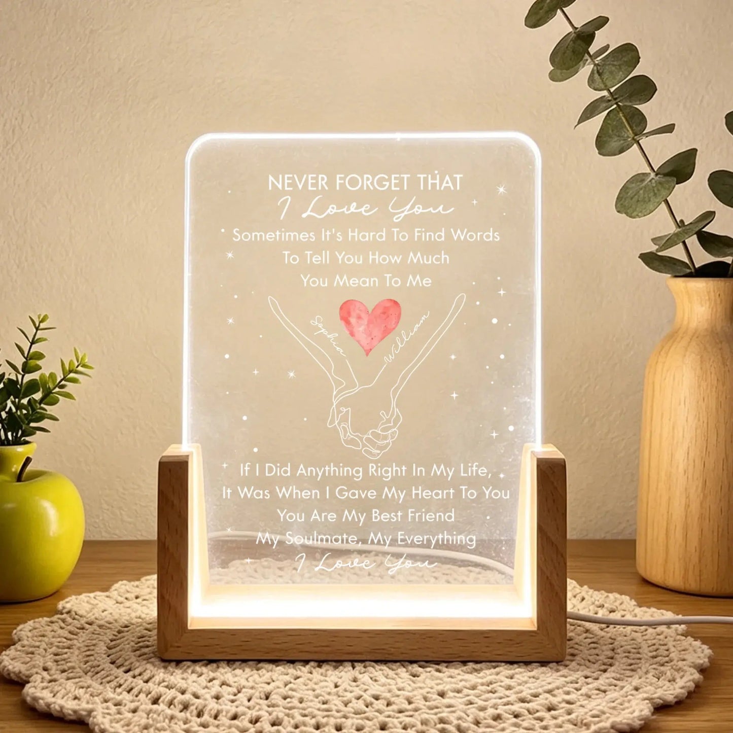 Never Forget That I Love You Holding Hands - Personalized Night Light With Wooden Base - Gift for Partner, Spouse, Wife, Husband