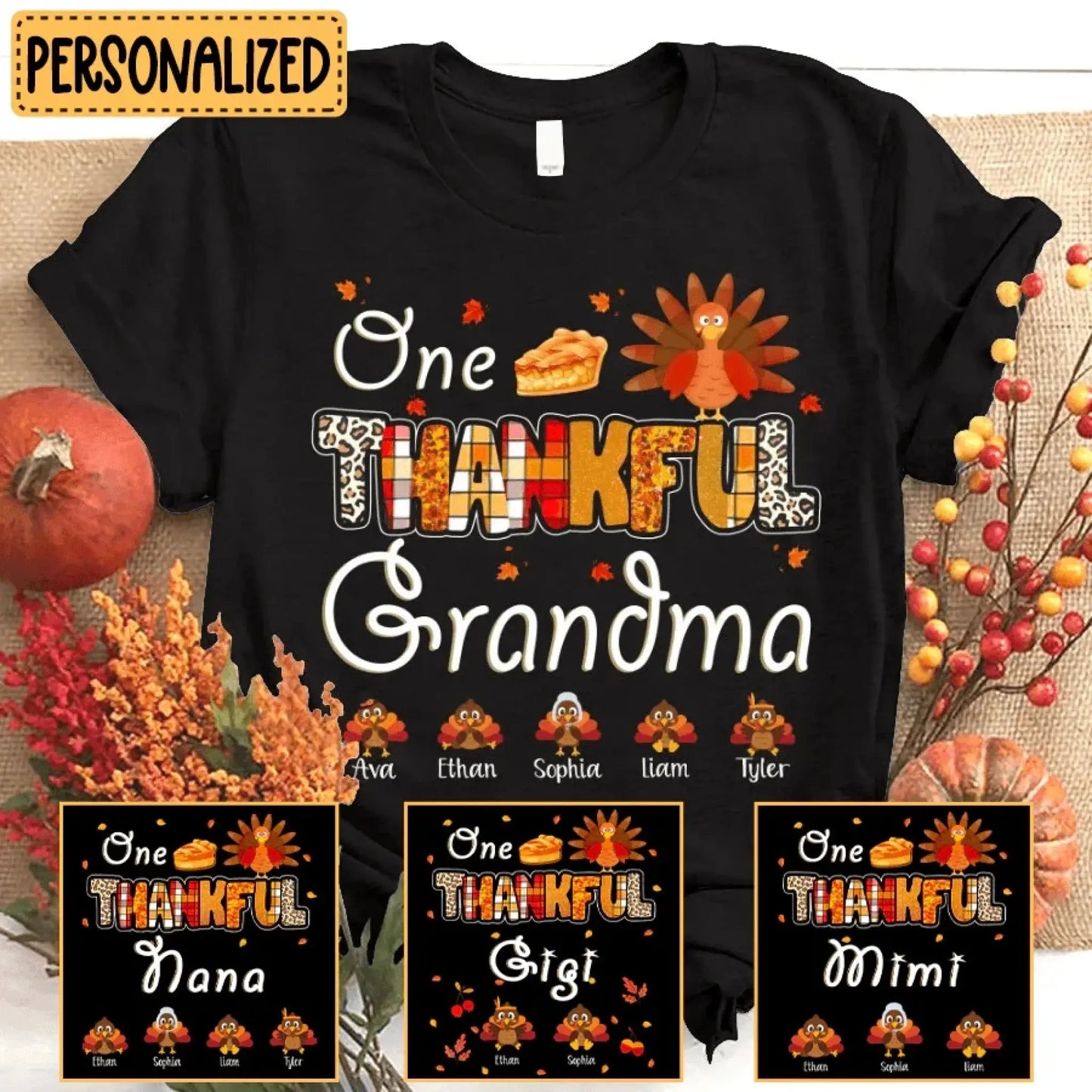One Thankful Grandma with Up to 10 Little Turkeys – Personalized Custom T-Shirt – Funny Thanksgiving Gift for Grandma or Grandparent Ezcustomize