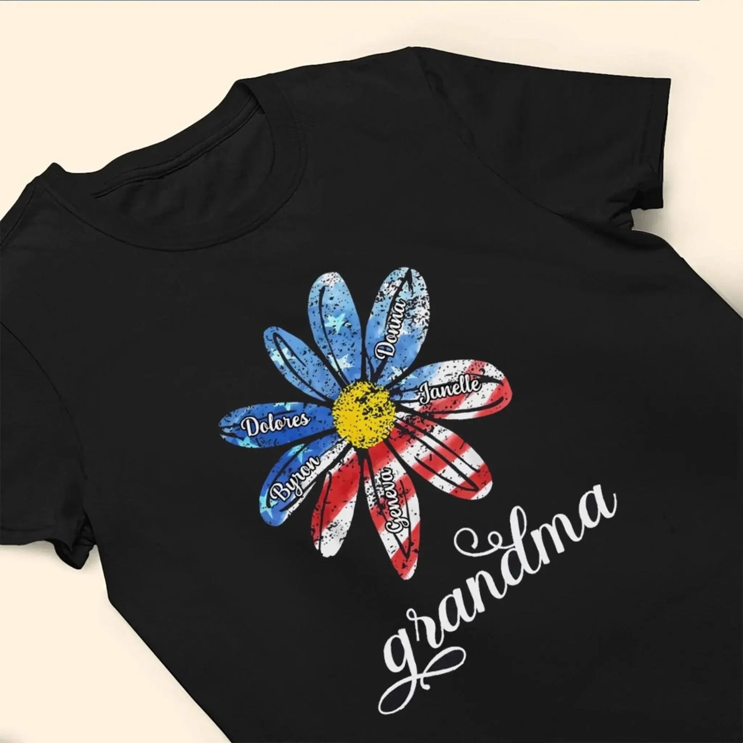 Patriotic Daisy Grandma Shirt – Custom 4th of July T-Shirt with Grandkids’ Names, Gift for Mom, Wife or Nana Ezcustomize