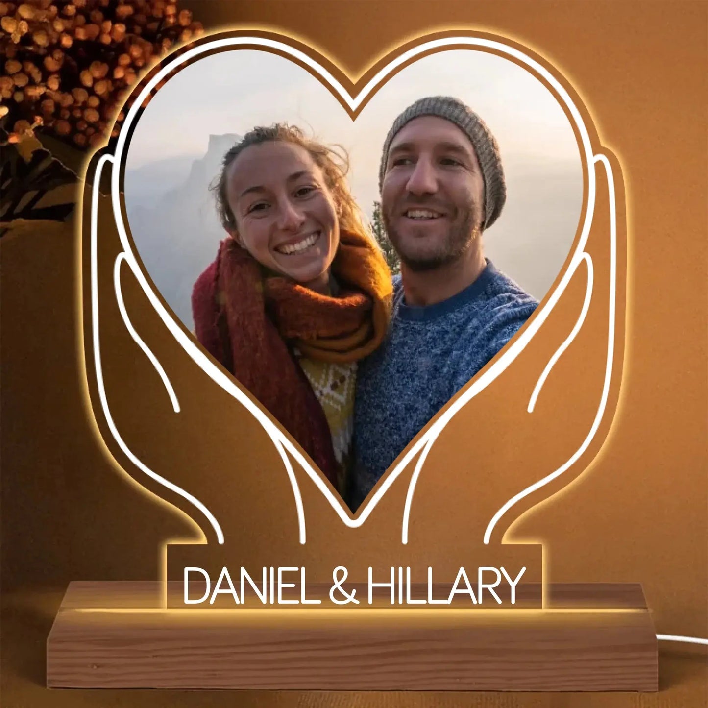 Personalised Two Hands - 3D LED Light Wooden Base | Gift for Couples, Wedding, Anniversary, Marriage, Valentine's Day, Wife, Husband Ezcustomize