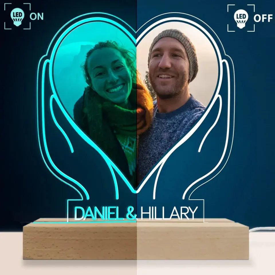 Personalised Two Hands - 3D LED Light Wooden Base | Gift for Couples, Wedding, Anniversary, Marriage, Valentine's Day, Wife, Husband Ezcustomize