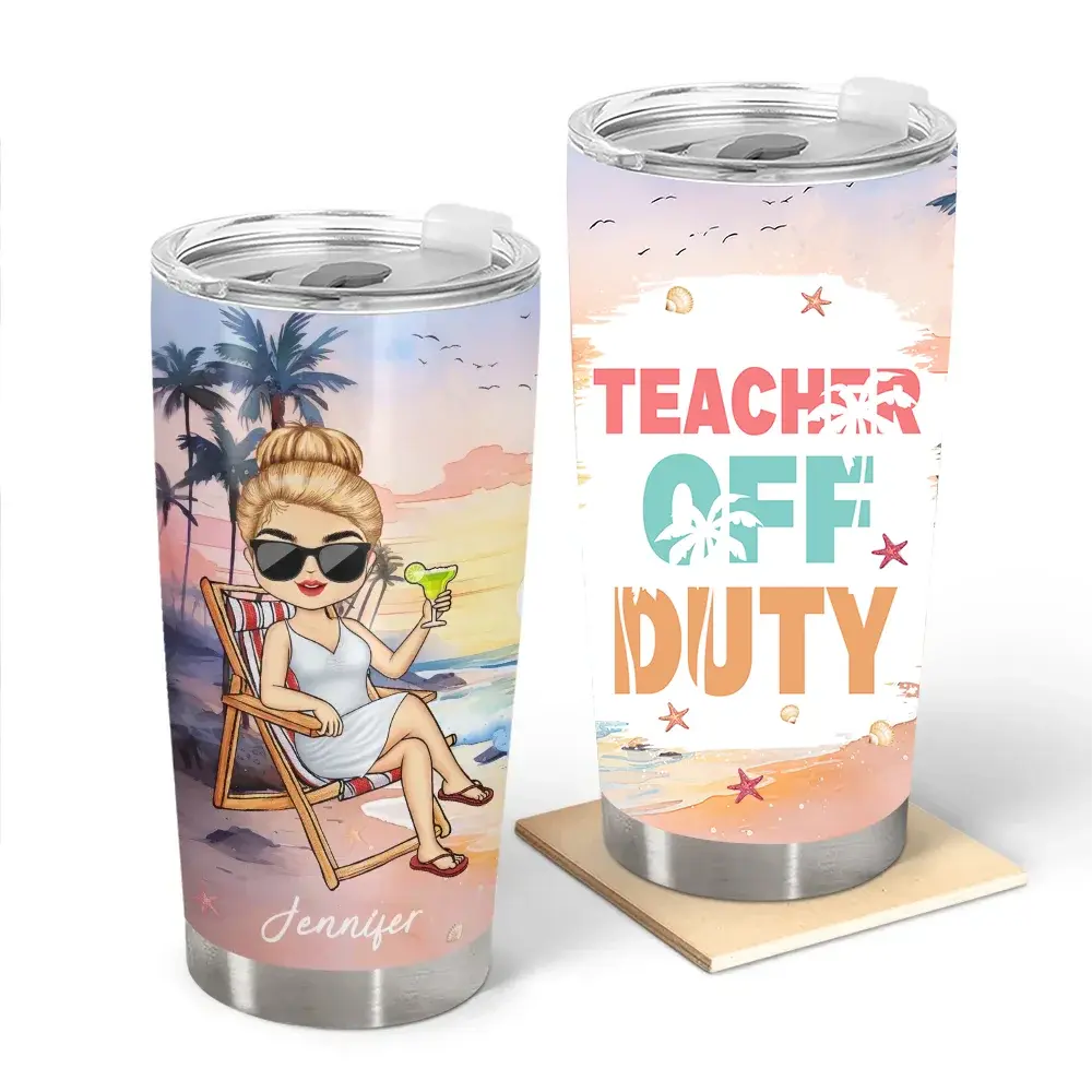 Personalized 20oz Teacher Tumbler – Custom Character & Quote – Beach Theme, Summer Vacation Cup Ezcustomize