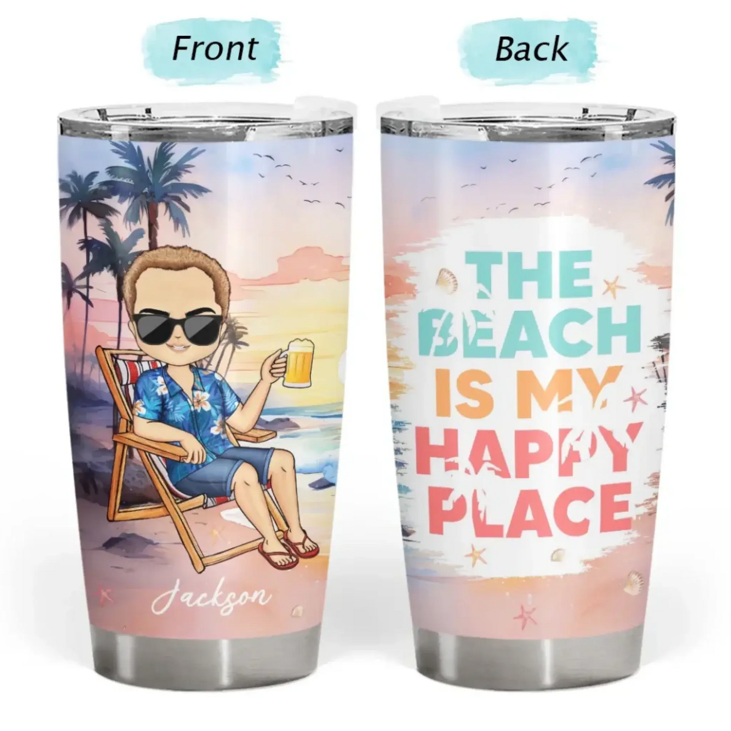 Personalized 20oz Teacher Tumbler – Custom Character & Quote – Beach Theme, Summer Vacation Cup Ezcustomize