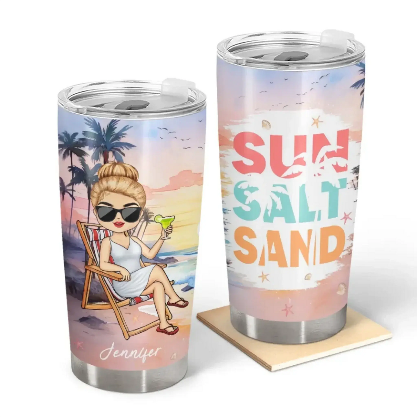 Personalized 20oz Teacher Tumbler – Custom Character & Quote – Beach Theme, Summer Vacation Cup Ezcustomize