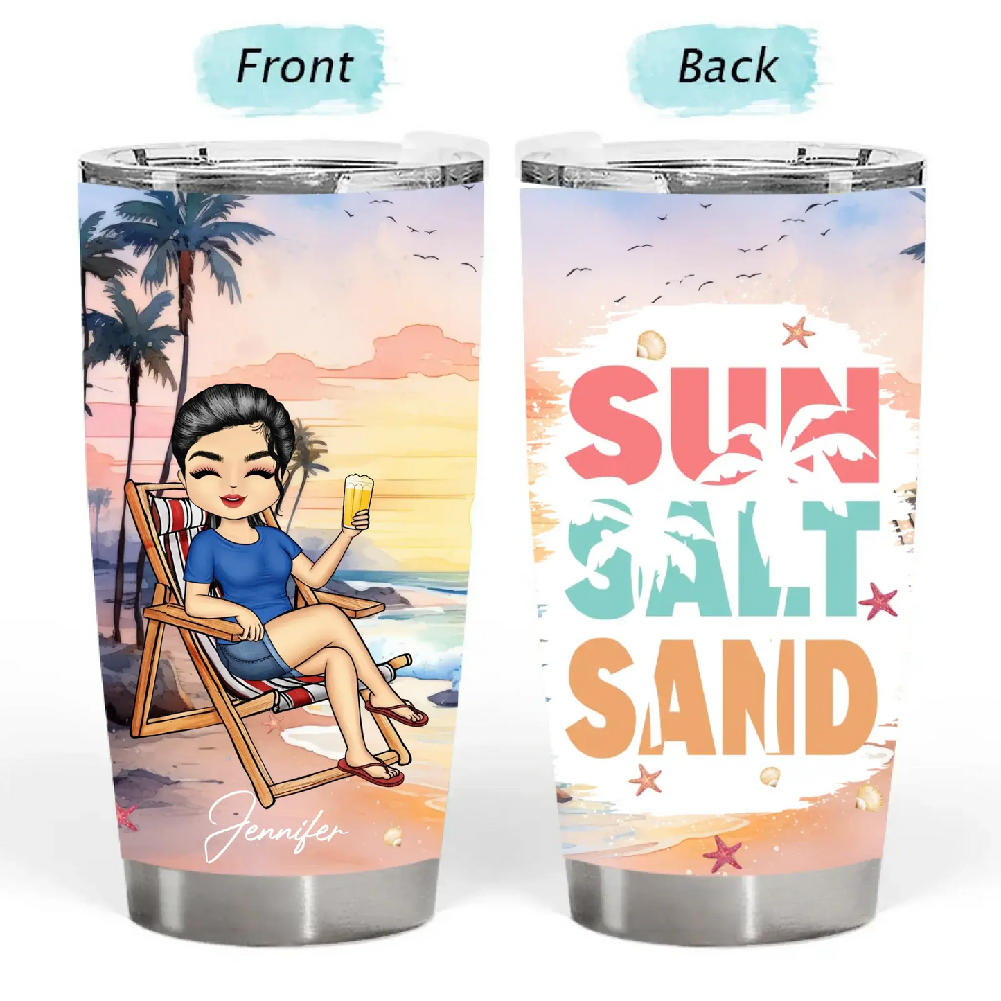 Personalized 20oz Teacher Tumbler – Custom Character & Quote – Beach Theme, Summer Vacation Cup Ezcustomize
