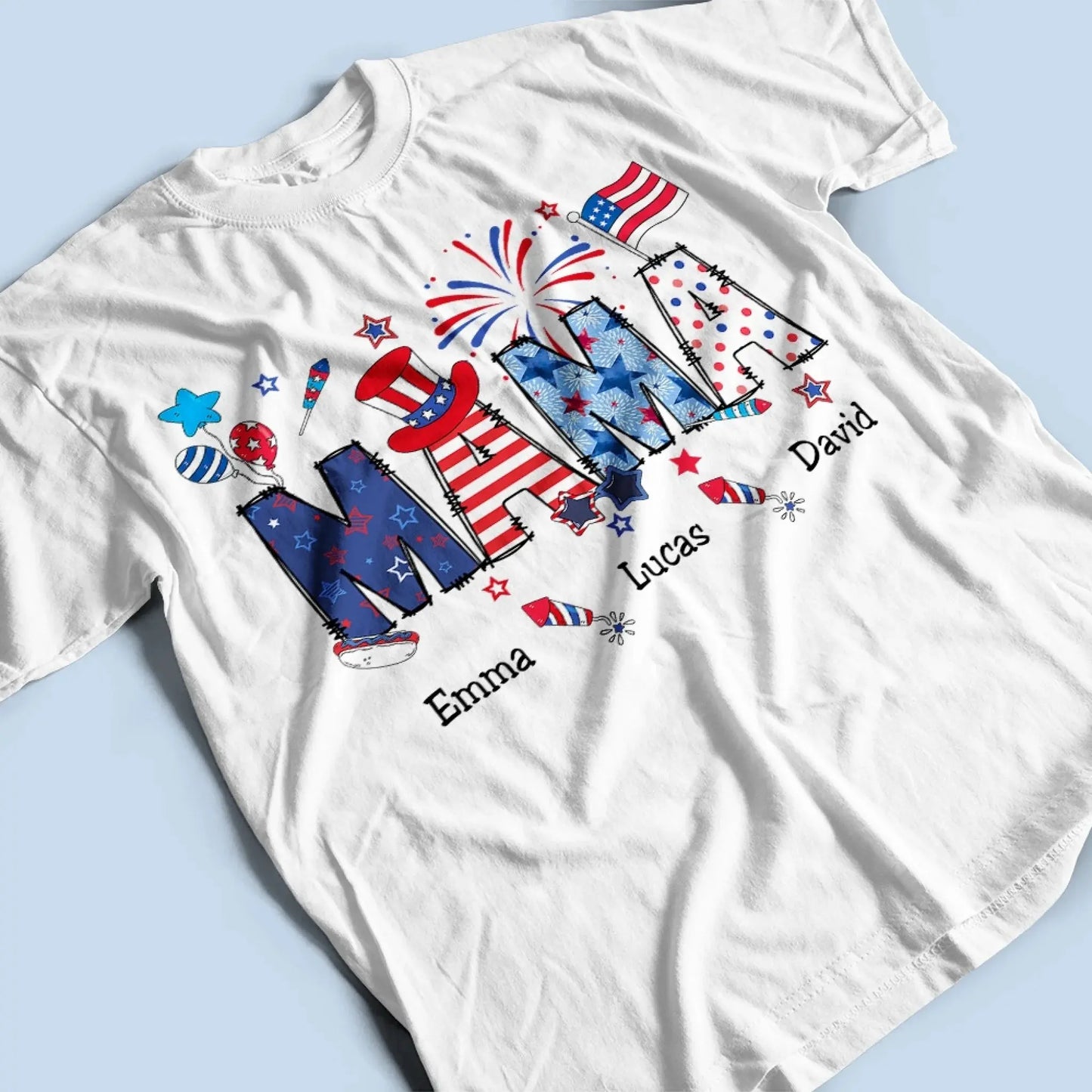 Personalized 4th of July Fireworks Shirt – Custom Independence Day Gift for Mama, Grandma, Gigi, Nana, Mimi with Kids' Names Ezcustomize