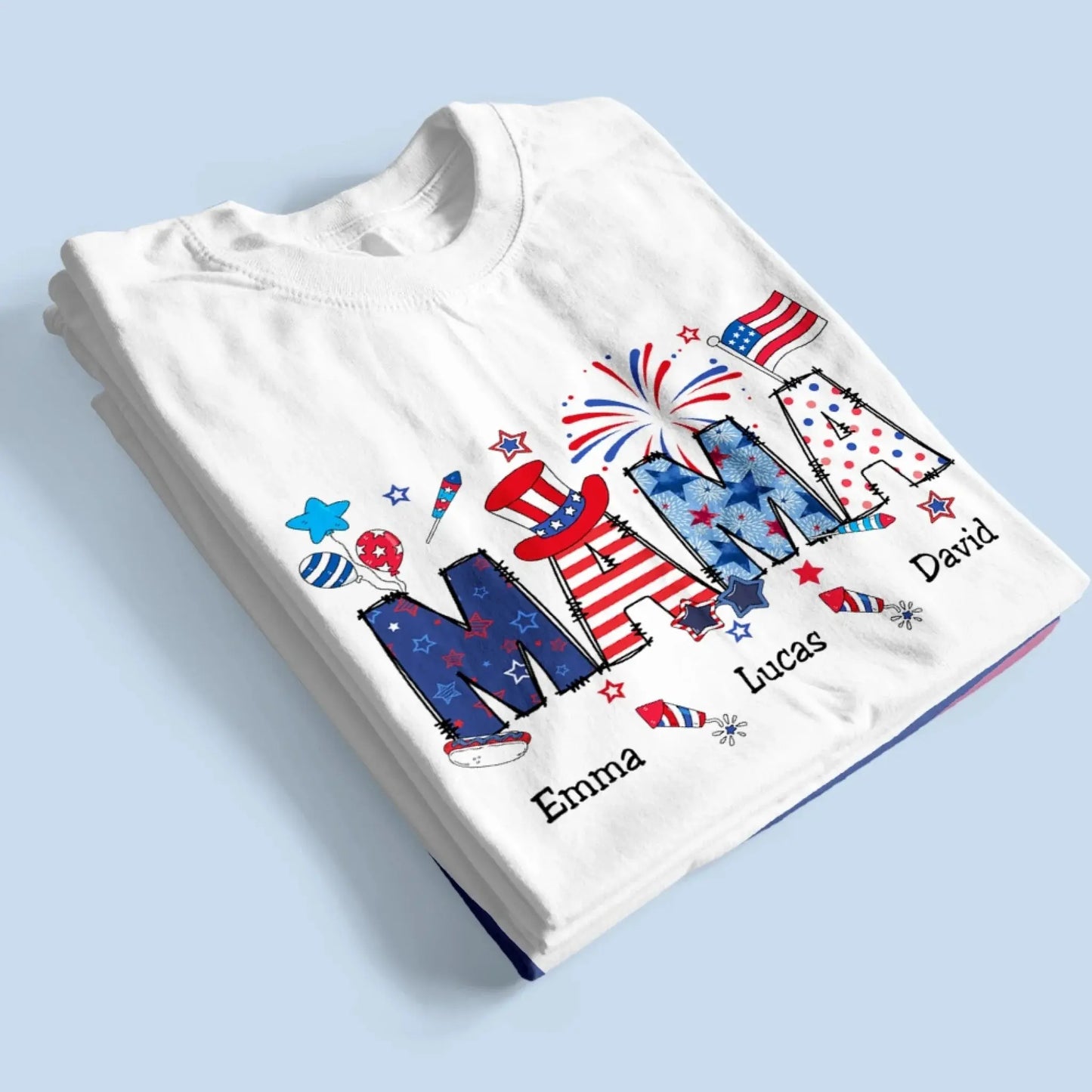 Personalized 4th of July Fireworks Shirt – Custom Independence Day Gift for Mama, Grandma, Gigi, Nana, Mimi with Kids' Names Ezcustomize