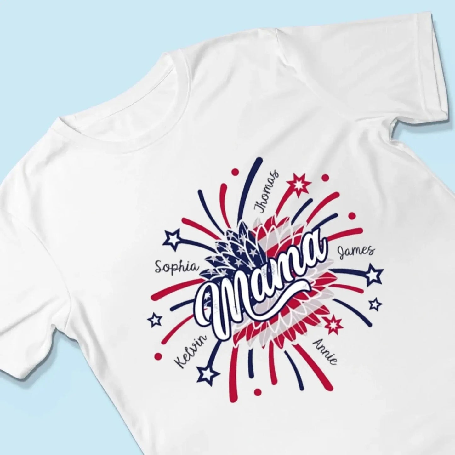 Personalized 4th of July Fireworks Shirt for Grandma or Mom – Custom Name Patriotic Family Tee, Independence Day Gift Ezcustomize