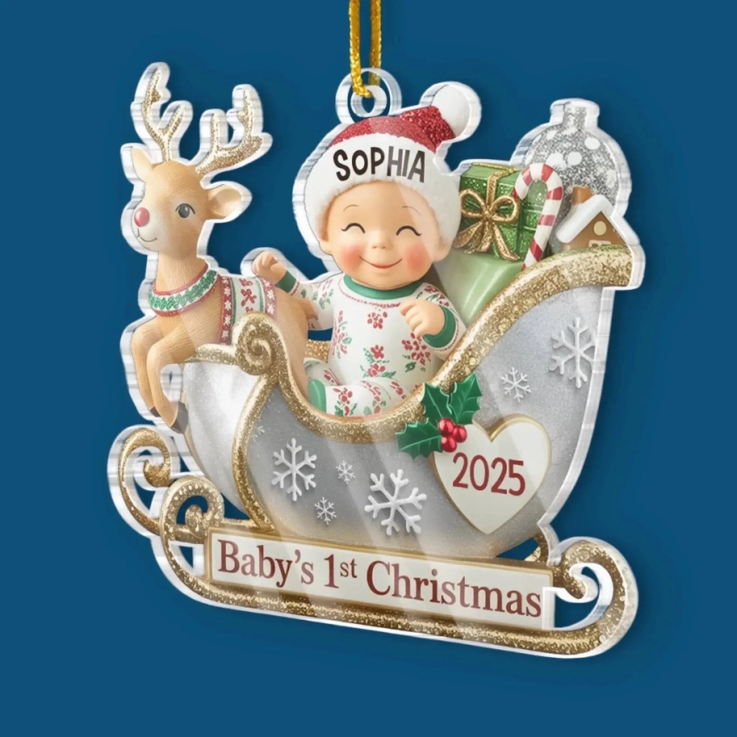 Personalized Baby’s First Christmas Ornament 2025 – Custom Acrylic Sleigh Ornament with Name, Newborn Holiday Keepsake for New Parents Ezcustomize