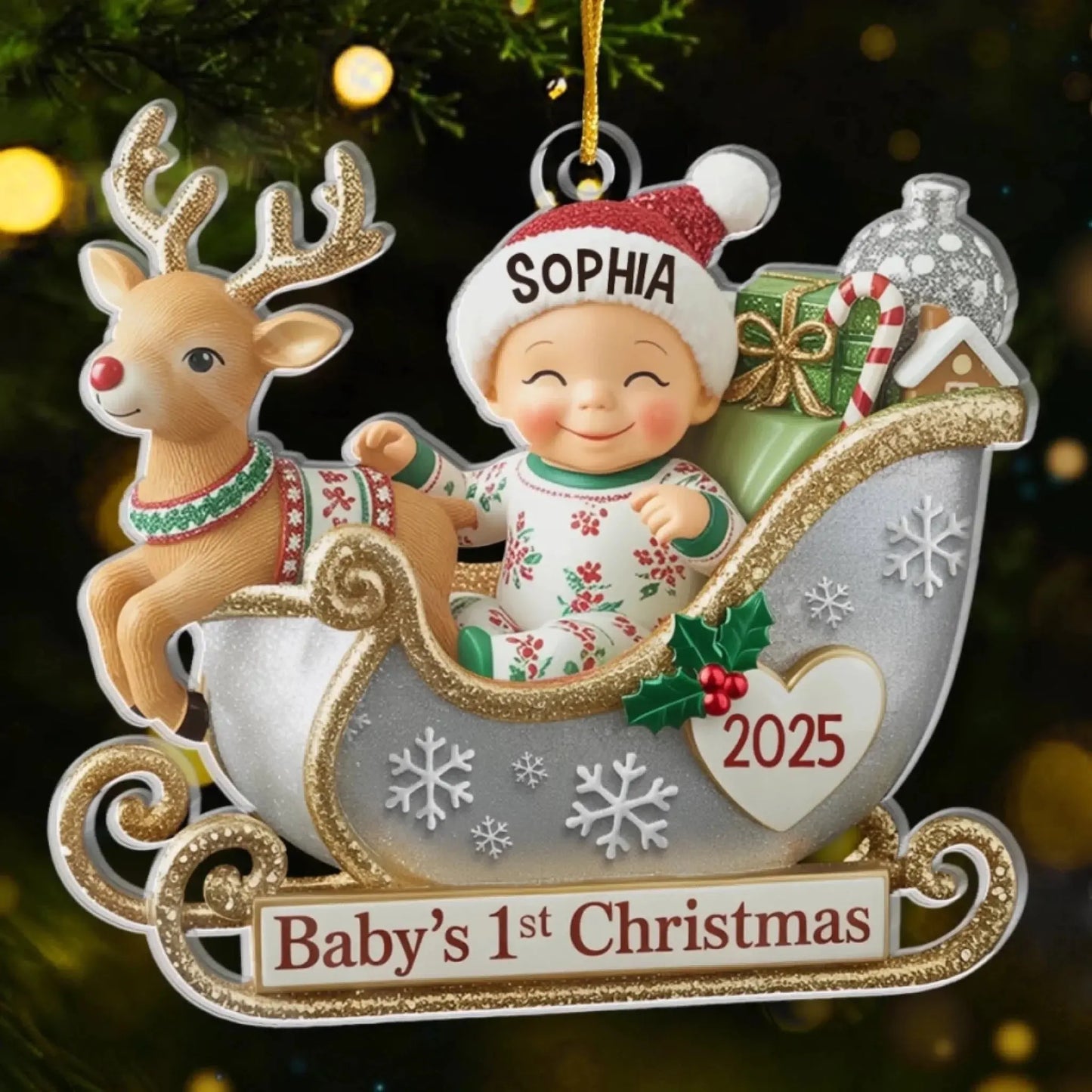 Personalized Baby’s First Christmas Ornament 2025 – Custom Acrylic Sleigh Ornament with Name, Newborn Holiday Keepsake for New Parents Ezcustomize