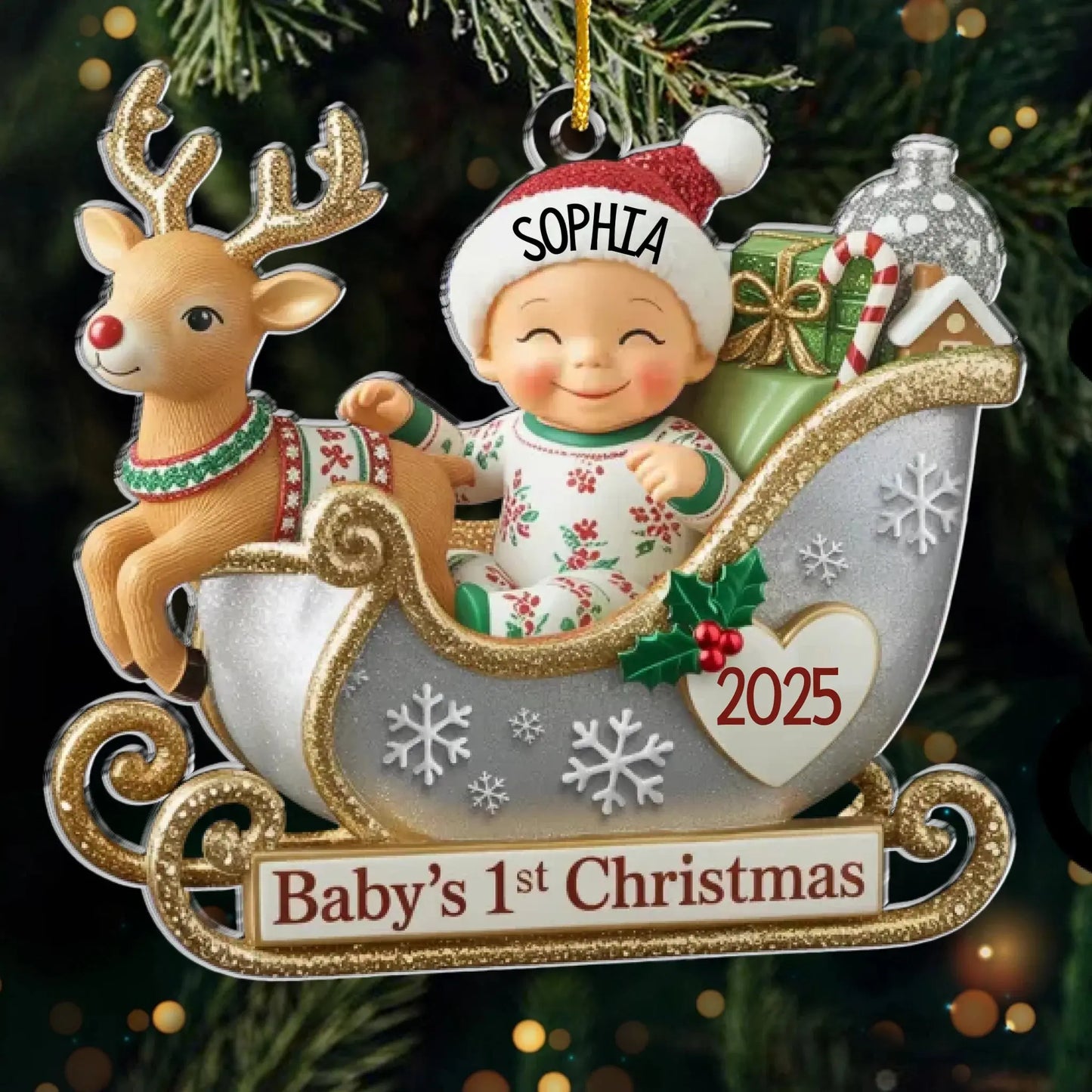 Personalized Baby’s First Christmas Ornament 2025 – Custom Acrylic Sleigh Ornament with Name, Newborn Holiday Keepsake for New Parents Ezcustomize