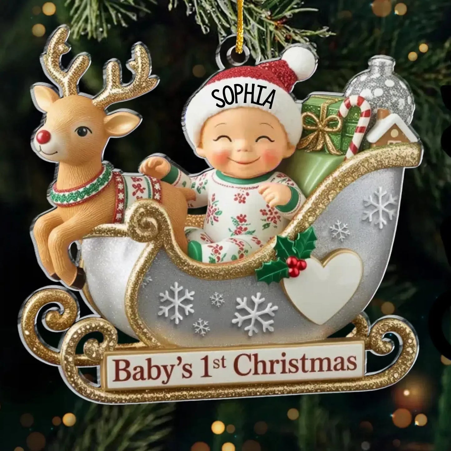 Personalized Baby’s First Christmas Ornament 2026 – Custom Acrylic Sleigh Ornament with Name, Newborn Holiday Keepsake for New Parents