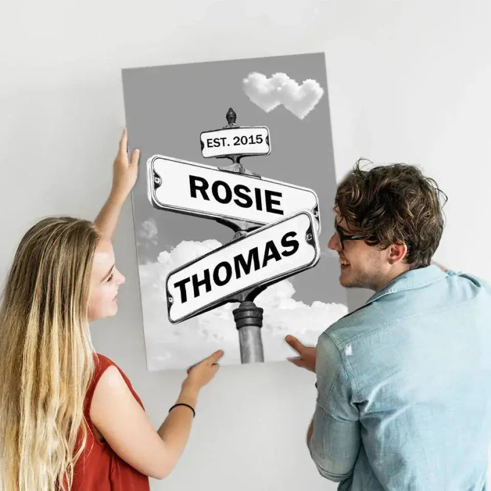 Personalized Canvas Vintage Street Sign For Couples, Custom Name And Date Street Sign Canvas Print, Crossroads Street Sign Gift For Сouple Ezcustomize