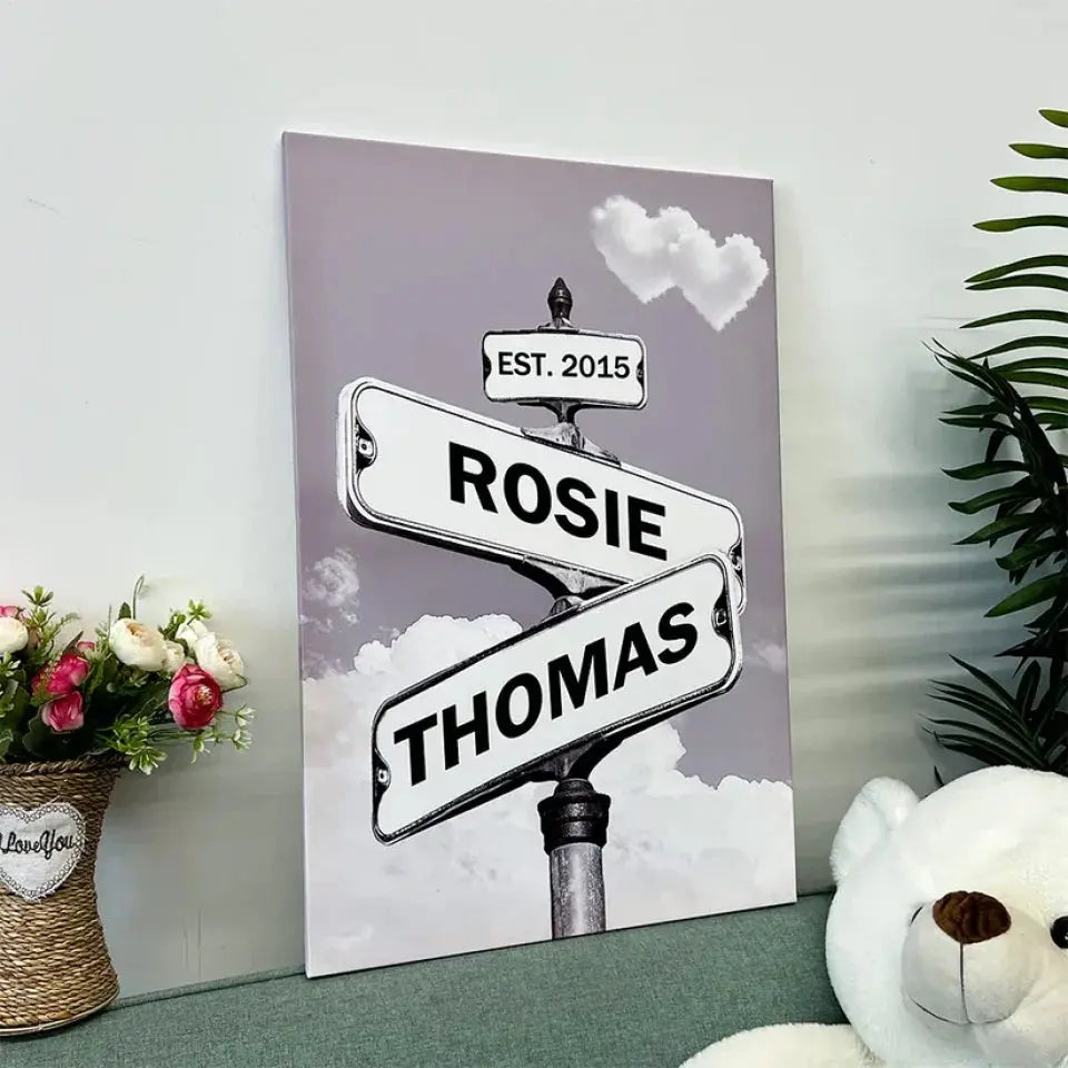 Personalized Canvas Vintage Street Sign For Couples, Custom Name And Date Street Sign Canvas Print, Crossroads Street Sign Gift For Сouple Ezcustomize