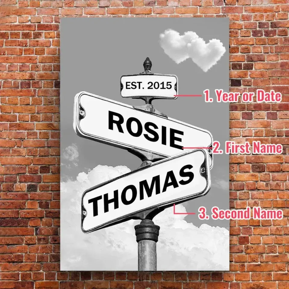 Personalized Canvas Vintage Street Sign For Couples, Custom Name And Date Street Sign Canvas Print, Crossroads Street Sign Gift For Сouple Ezcustomize