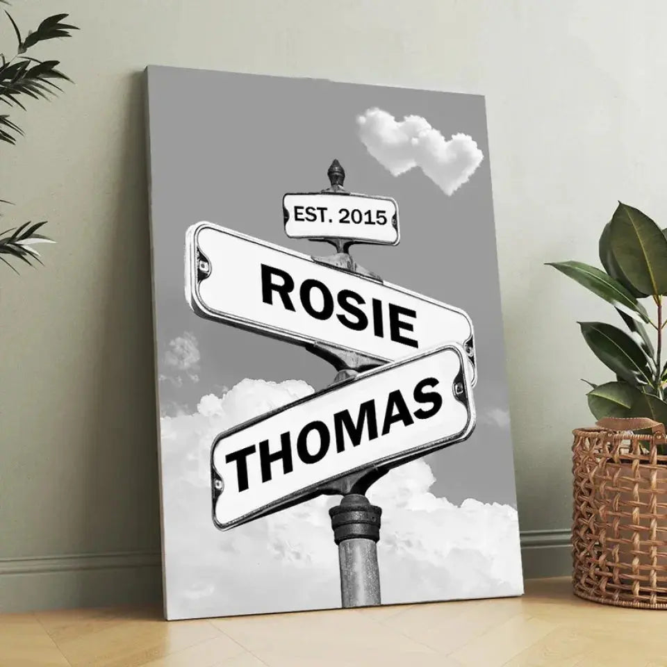 Personalized Canvas Vintage Street Sign For Couples, Custom Name And Date Street Sign Canvas Print, Crossroads Street Sign Gift For Сouple Ezcustomize