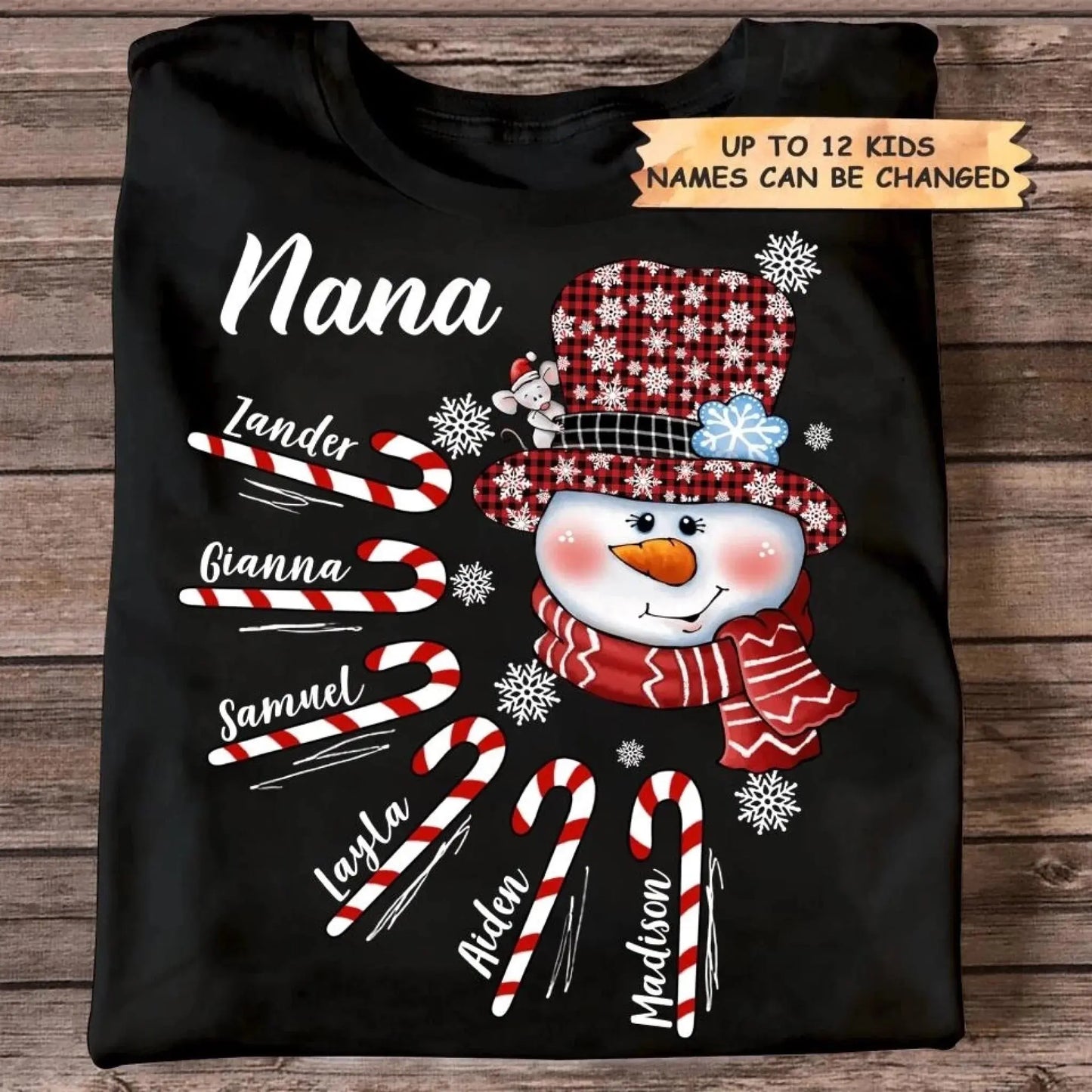 Personalized Christmas Shirt for Grandma – Snowman Candy Cane Grandkids Name Tee, Custom Nana Holiday Gift Ezcustomize