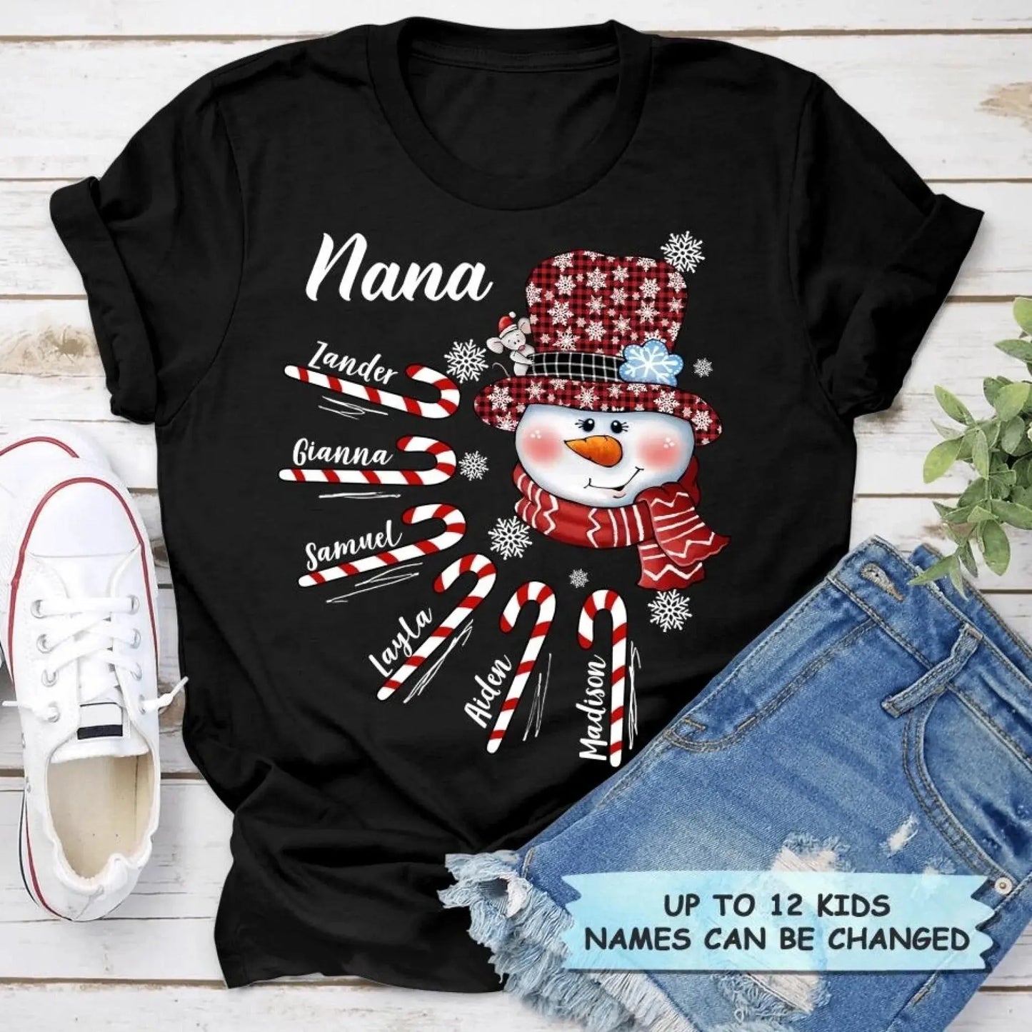 Personalized Christmas Shirt for Grandma – Snowman Candy Cane Grandkids Name Tee, Custom Nana Holiday Gift Ezcustomize