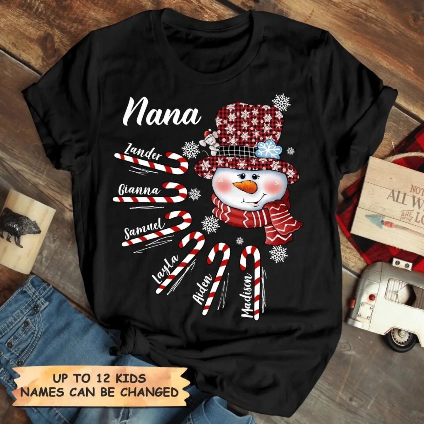 Personalized Christmas Shirt for Grandma – Snowman Candy Cane Grandkids Name Tee, Custom Nana Holiday Gift Ezcustomize