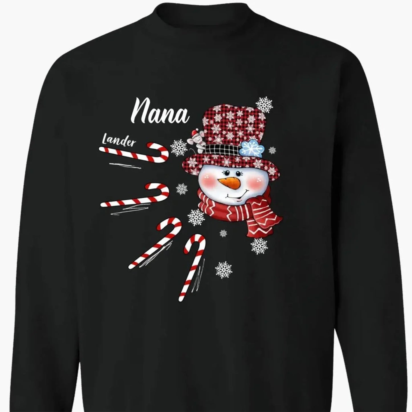 Personalized Christmas Shirt for Grandma – Snowman Candy Cane Grandkids Name Tee, Custom Nana Holiday Gift Ezcustomize