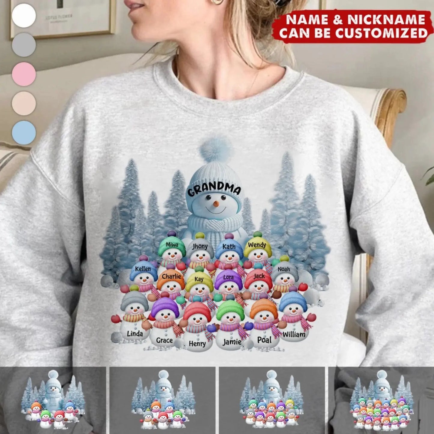 Personalized Christmas Snowman Sweatshirt – Blue Winter Vibe Gift for Grandma, Mom, Custom Names of Grandkids Ezcustomize