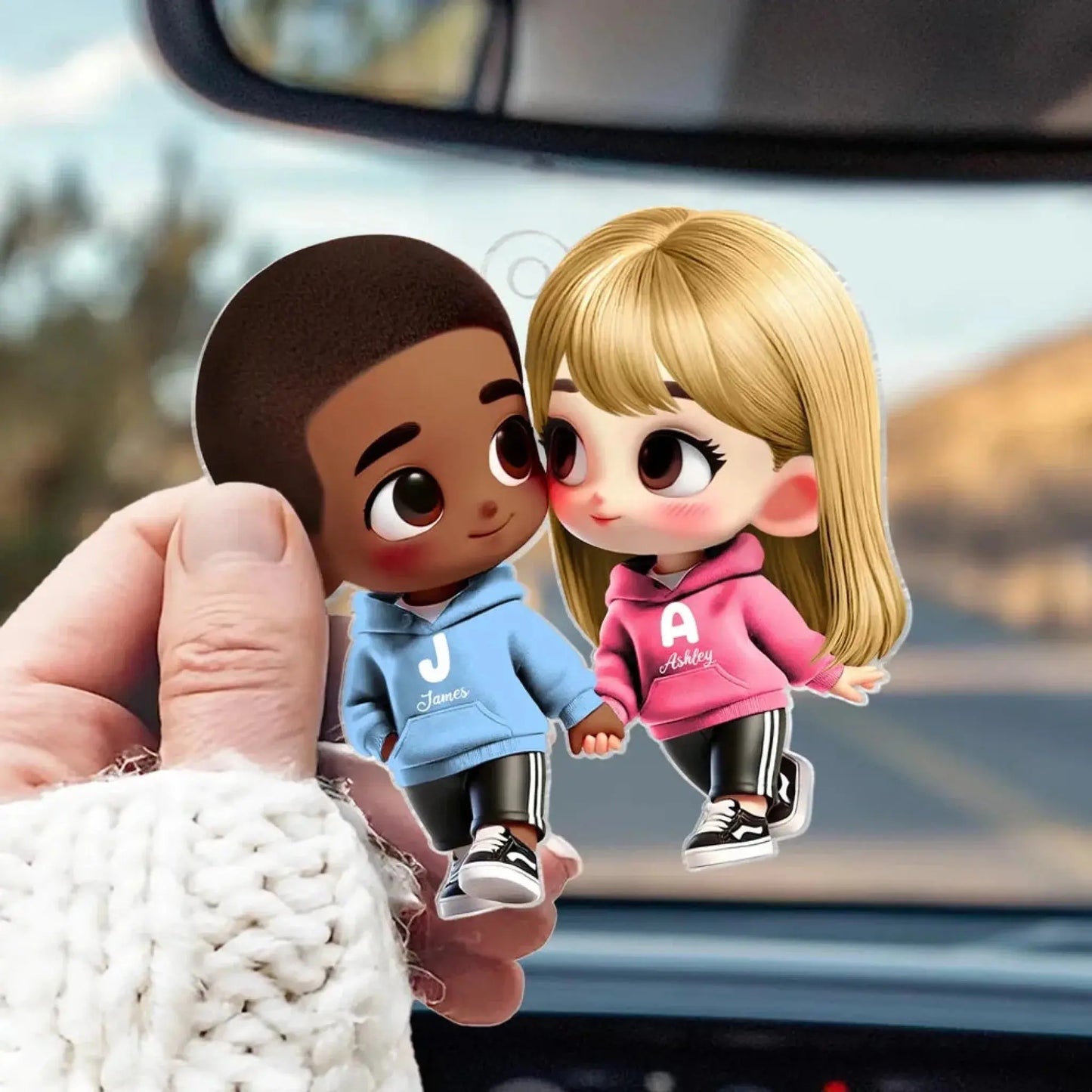 Personalized Couple Car Hanger – Cute Lovers in Hoodies Holding Hands – Custom Acrylic Ornament Gift for Boyfriend or Girlfriend Ezcustomize