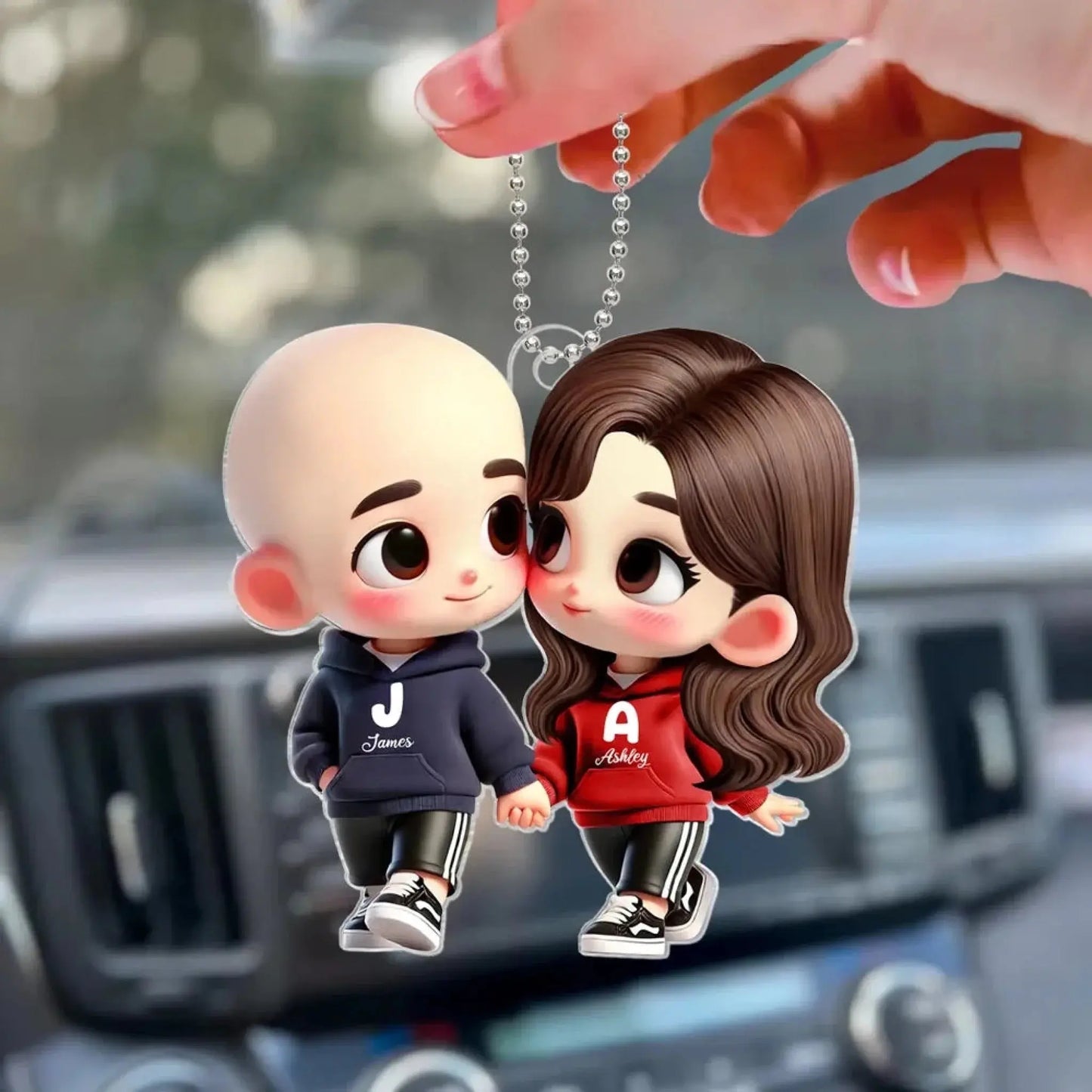 Personalized Couple Car Hanger – Cute Lovers in Hoodies Holding Hands – Custom Acrylic Ornament Gift for Boyfriend or Girlfriend Ezcustomize
