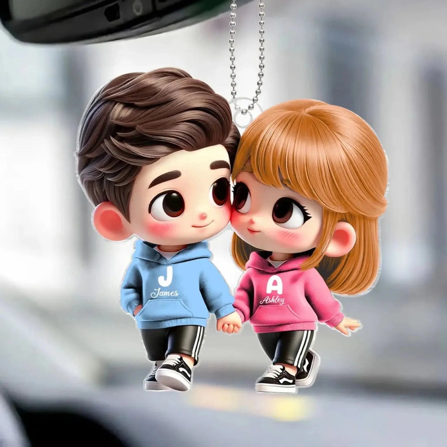 Personalized Couple Car Hanger – Cute Lovers in Hoodies Holding Hands – Custom Acrylic Ornament Gift for Boyfriend or Girlfriend Ezcustomize