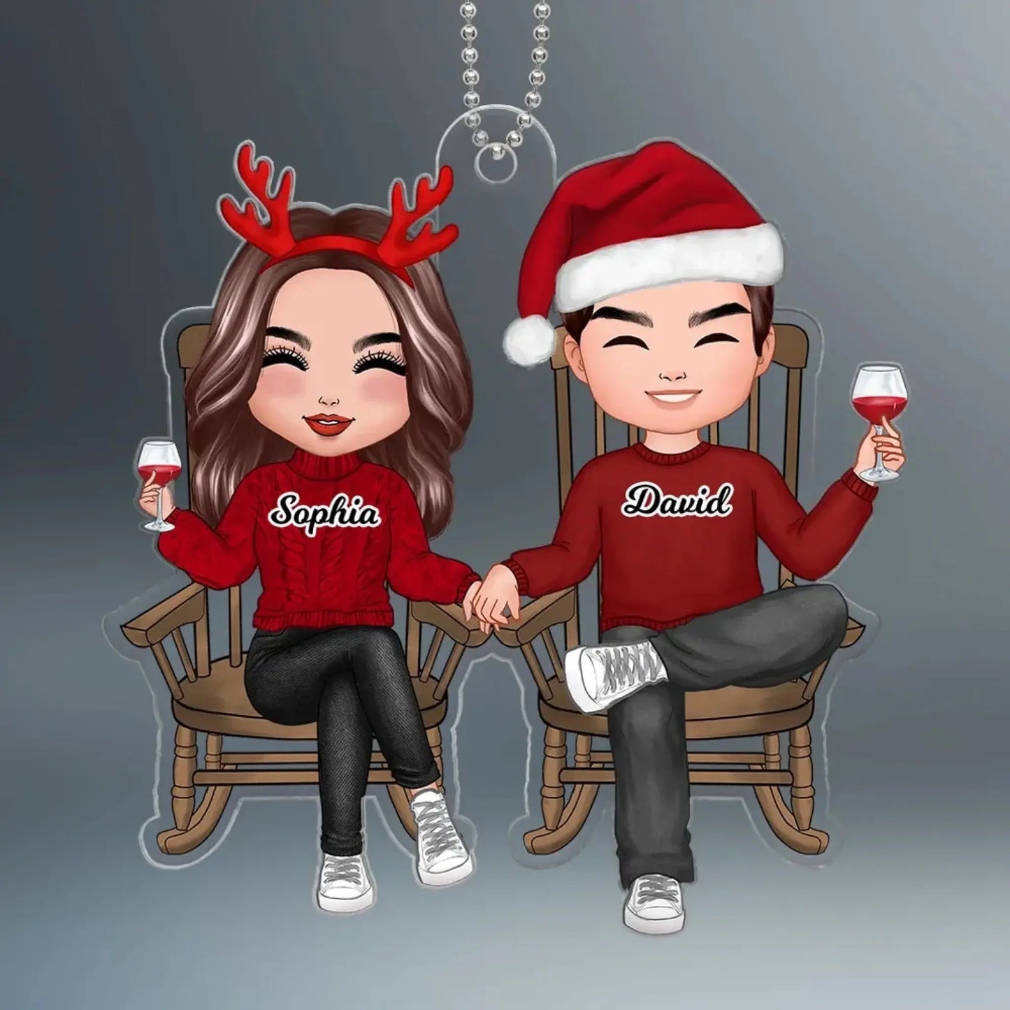 Personalized Couple Christmas Ornament – Doll Couple Sitting On Chair – Custom Name Acrylic Gift for Him Her Ezcustomize