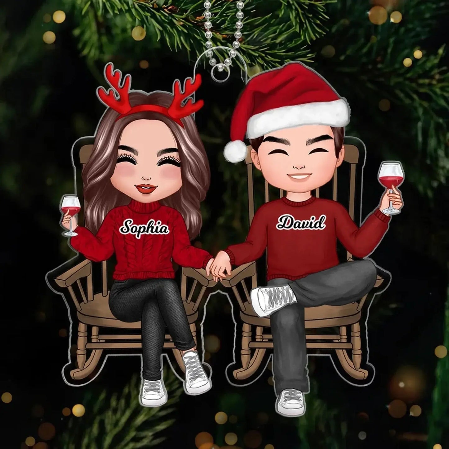 Personalized Couple Christmas Ornament – Doll Couple Sitting On Chair – Custom Name Acrylic Gift for Him Her Ezcustomize
