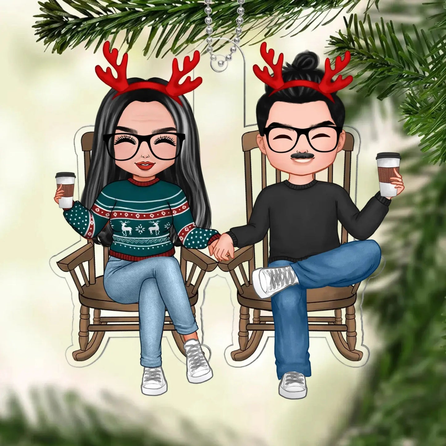 Personalized Couple Christmas Ornament – Doll Couple Sitting On Chair – Custom Name Acrylic Gift for Him Her Ezcustomize