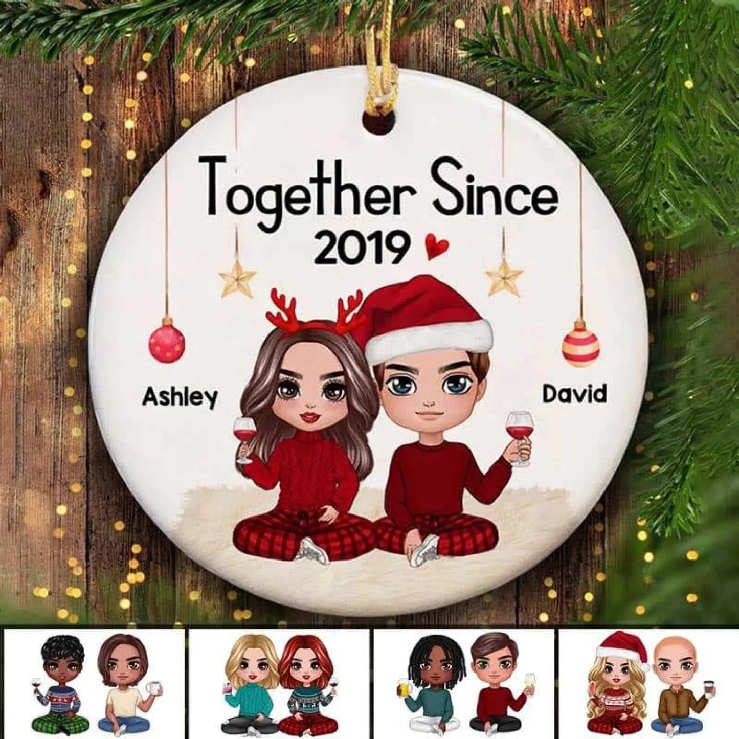 Personalized Couple Sitting Christmas Ornament – Custom Cartoon Ceramic Gift with Names & Quote for Him Her Ezcustomize