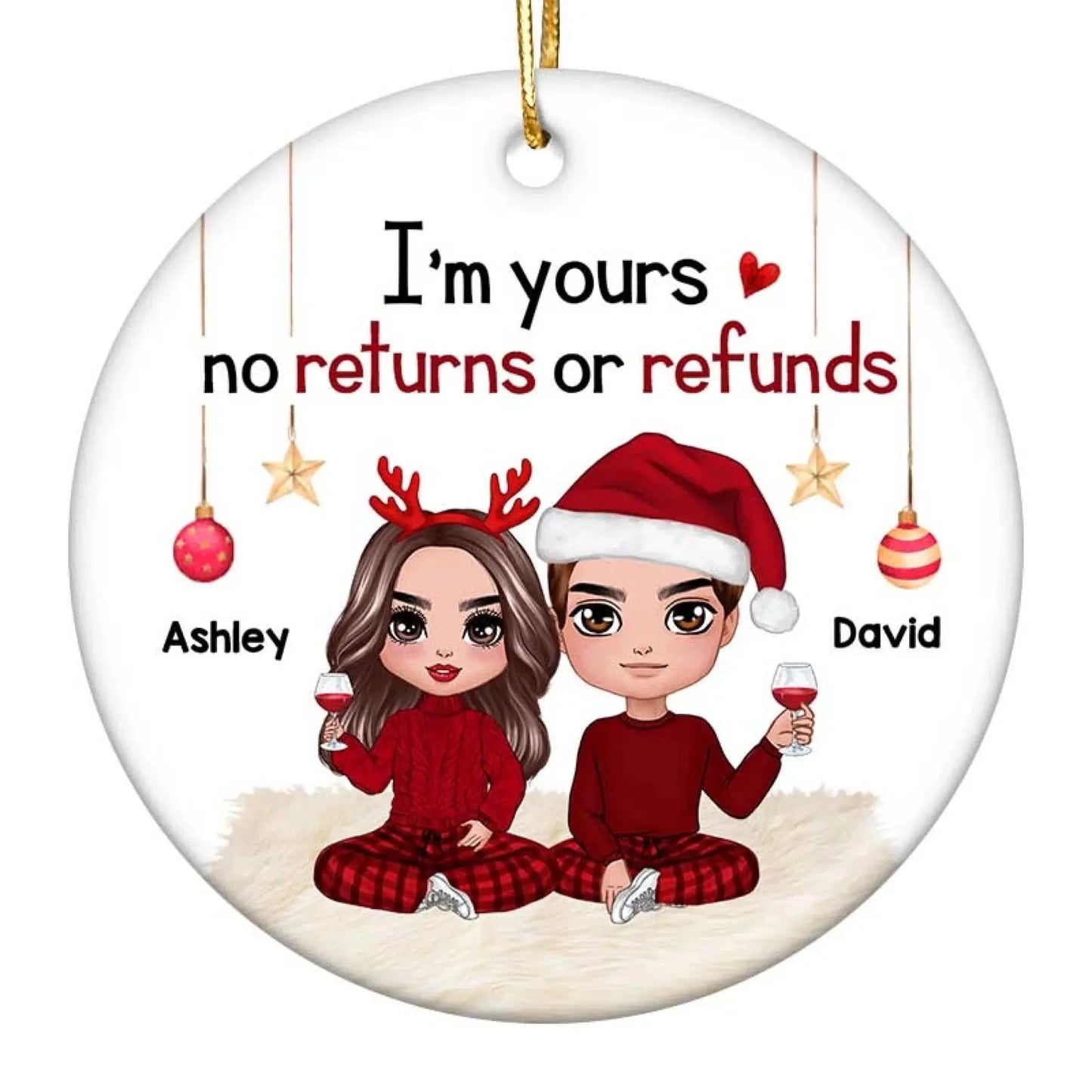 Personalized Couple Sitting Christmas Ornament – Custom Cartoon Ceramic Gift with Names & Quote for Him Her Ezcustomize