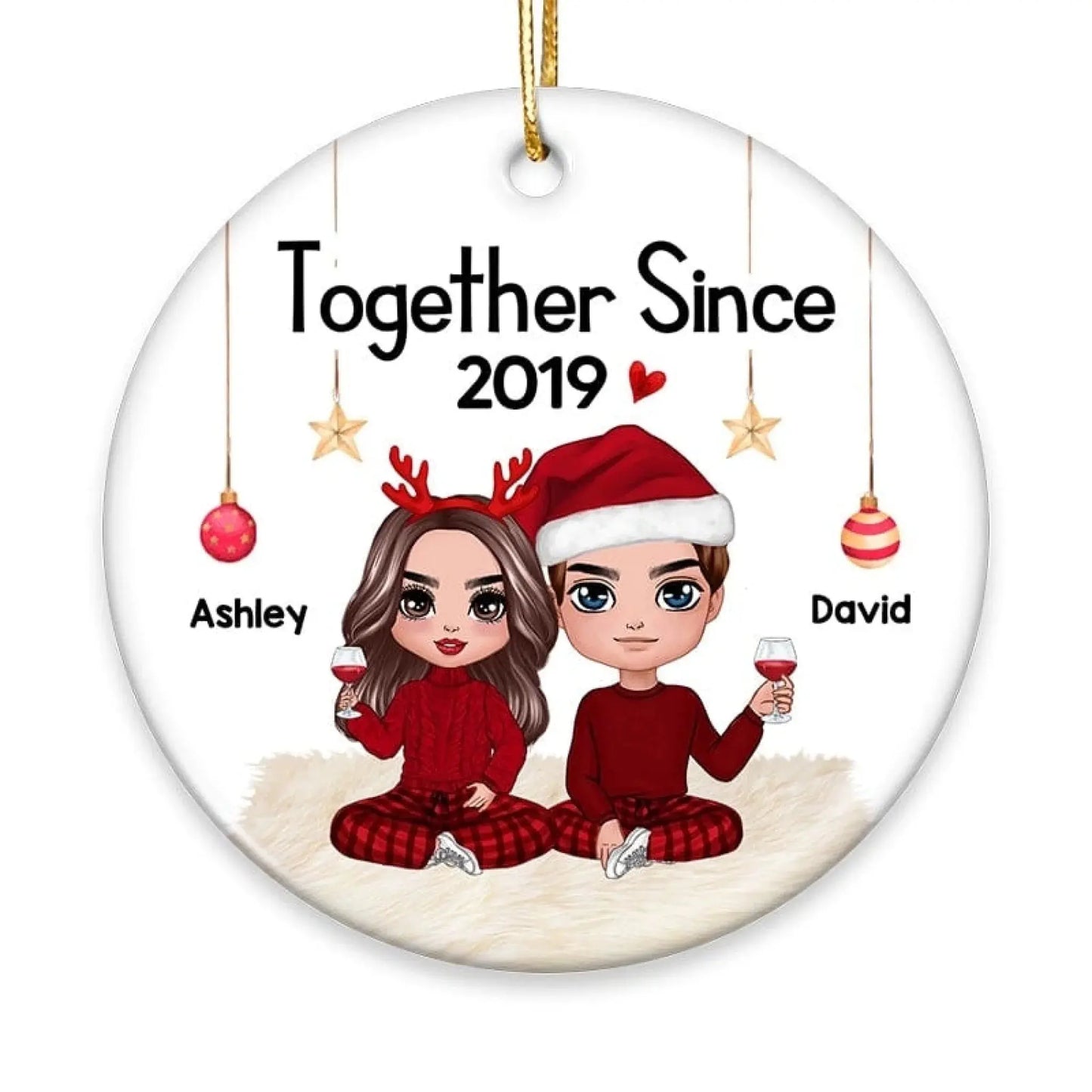 Personalized Couple Sitting Christmas Ornament – Custom Cartoon Ceramic Gift with Names & Quote for Him Her Ezcustomize