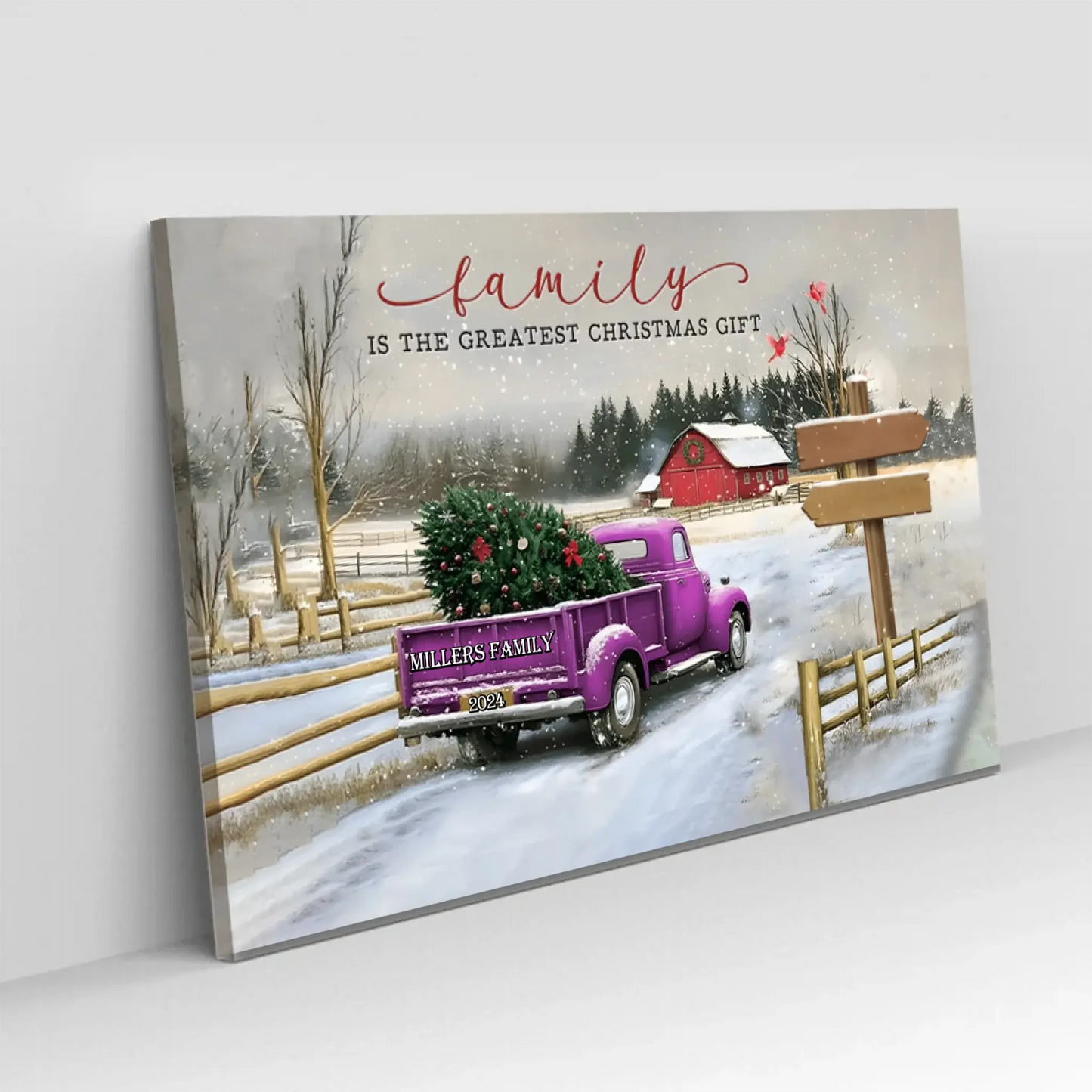 Personalized Family Christmas Truck Canvas or Poster – Custom Names on Signpost, Vintage Winter Farm Scene Holiday Wall Art Ezcustomize
