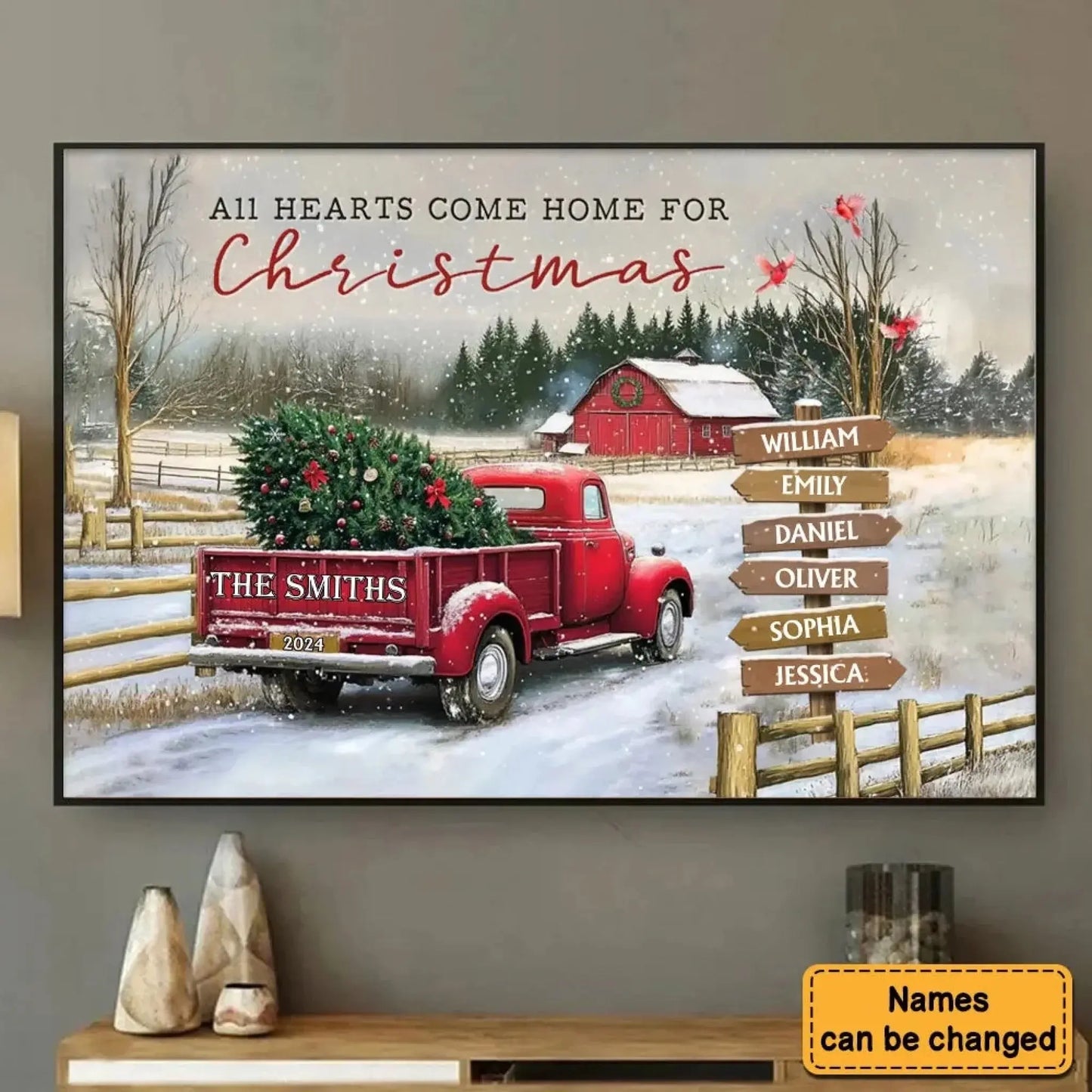 Personalized Family Christmas Truck Canvas or Poster – Custom Names on Signpost, Vintage Winter Farm Scene Holiday Wall Art Ezcustomize